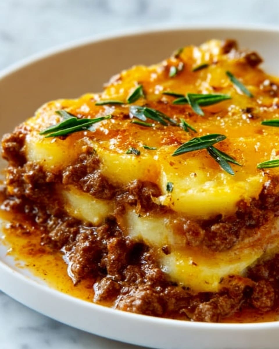The image shows a close-up of a dish with two main layers. The bottom layer is made of cooked ground beef, which is dark brown and slightly crumbly. On top, there is a layer of melted cheddar cheese that is bright yellow and gooey, covering the beef unevenly. Small green parsley leaves are scattered on the cheese, adding a fresh color contrast. The dish is served in a white bowl, and the background is a white marbled texture. Photo taken with an iphone --ar 4:5 --v 7
