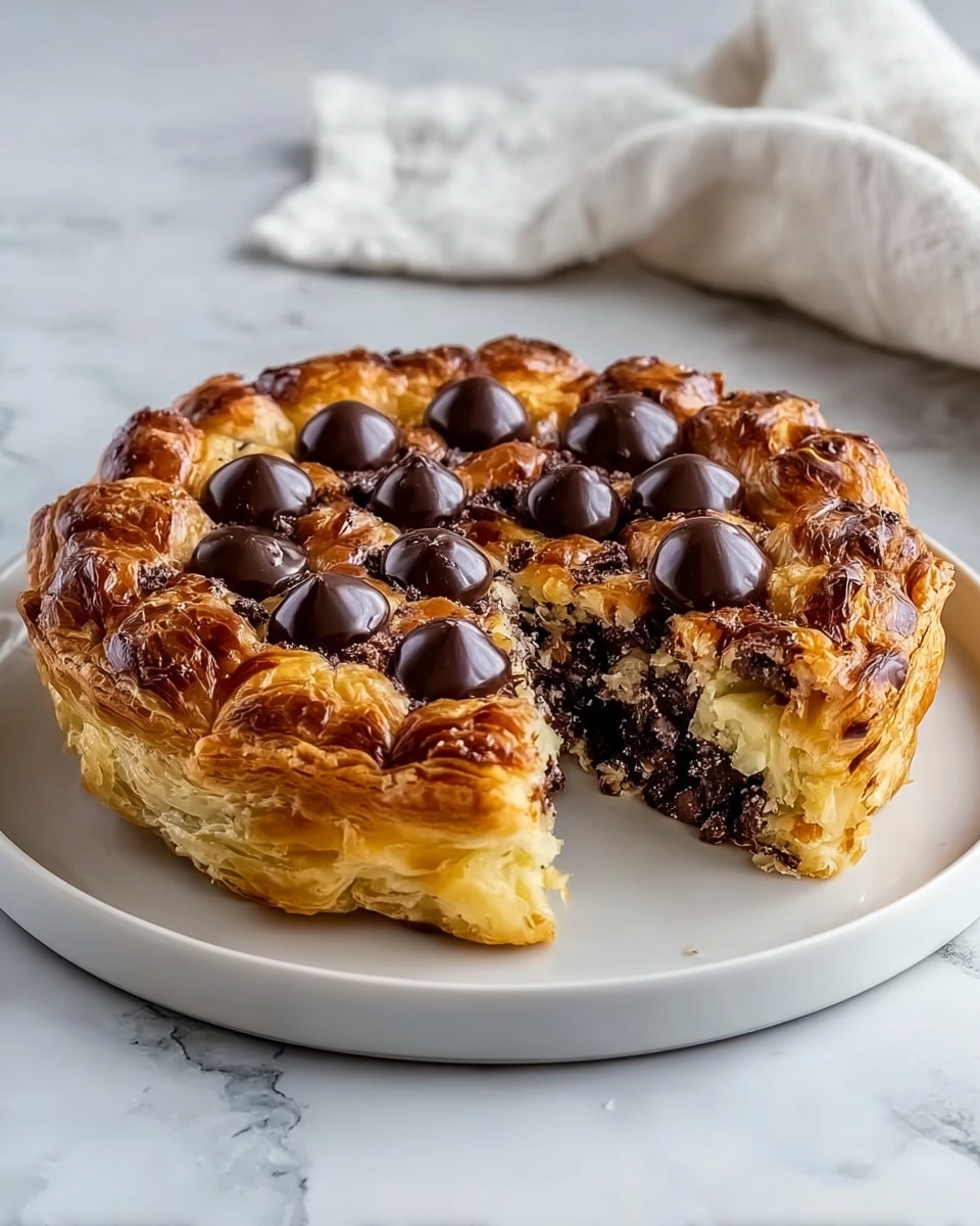 A golden brown pastry with five visible layers of flaky, shiny crust forms the outer edge, curling slightly inward. Inside, there is a thick, dense filling made of dark chocolate pieces mixed with a lighter chocolate mixture, filling the pastry almost to the top. On the surface of the filling are larger, glossy dark chocolate chunks that look soft and melty, evenly spaced around the center, with one piece missing, showing the rich interior clearly. The pastry sits on a clean white plate with a softly folded white cloth behind it, all placed on a white marbled background. Photo taken with an iphone --ar 4:5 --v 7