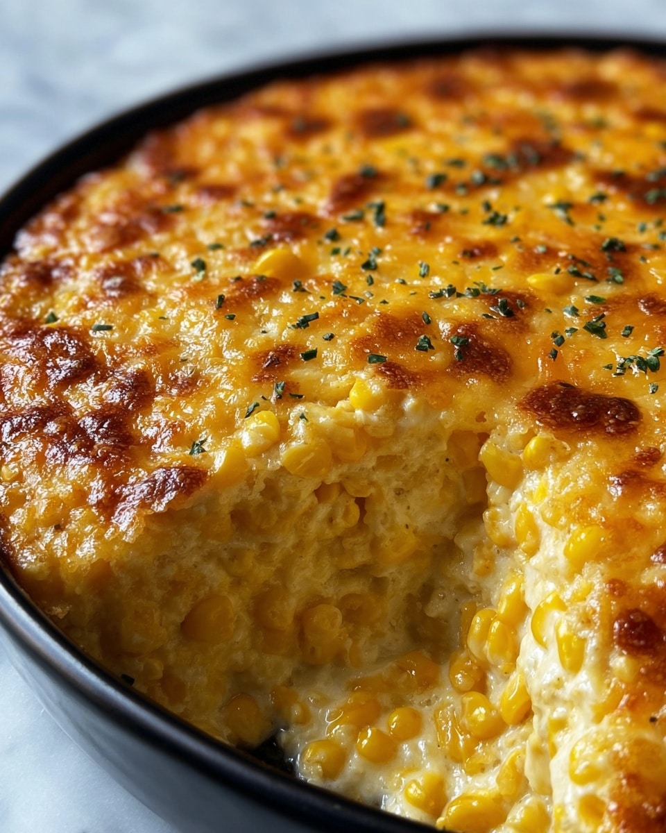 A creamy corn casserole shown in a white oval dish, with a thick layer of melted cheese and whole corn kernels on top, sprinkled with small green herbs. The cheese is bubbly and golden brown around the edges, blending with the yellow corn that covers a smooth, creamy base layer visible at the cut-out section near the front of the dish. The casserole's texture looks soft and rich, with the corn pieces evenly mixed throughout the creamy inside. The dish sits on a white marbled textured surface. photo taken with an iphone --ar 4:5 --v 7