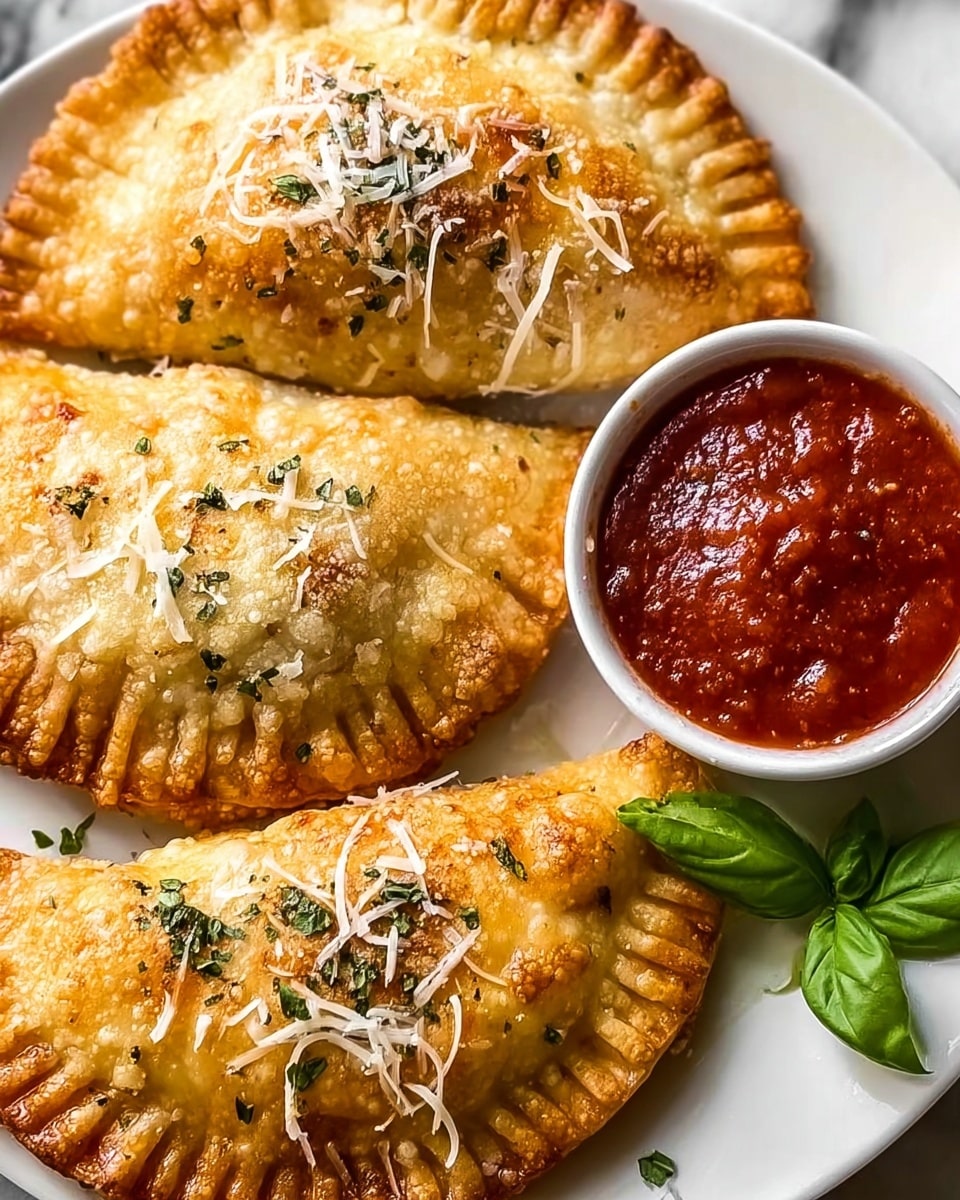 Three golden brown calzones with a bubbly, crisp crust lined up on a white plate, each topped with light sprinkles of shredded white cheese and small green herb flakes. To the upper left side of the plate, a small white bowl filled with chunky bright red tomato sauce sits next to a single fresh green basil leaf. The white plate rests on a white marbled surface. photo taken with an iphone --ar 4:5 --v 7