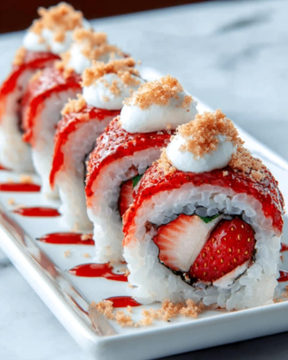 The image shows a close-up of four sushi rolls arranged in a row on a white rectangular plate. Each roll has a smooth white rice outer layer wrapped around a bright red inside filling, which appears to be strawberry with a dark seaweed strip inside. The top of each roll is covered with a glossy red sauce, small white cream dollops, and light brown crunchy crumbs sprinkled evenly. The plate sits on a white marbled surface. photo taken with an iphone --ar 4:5 --v 7