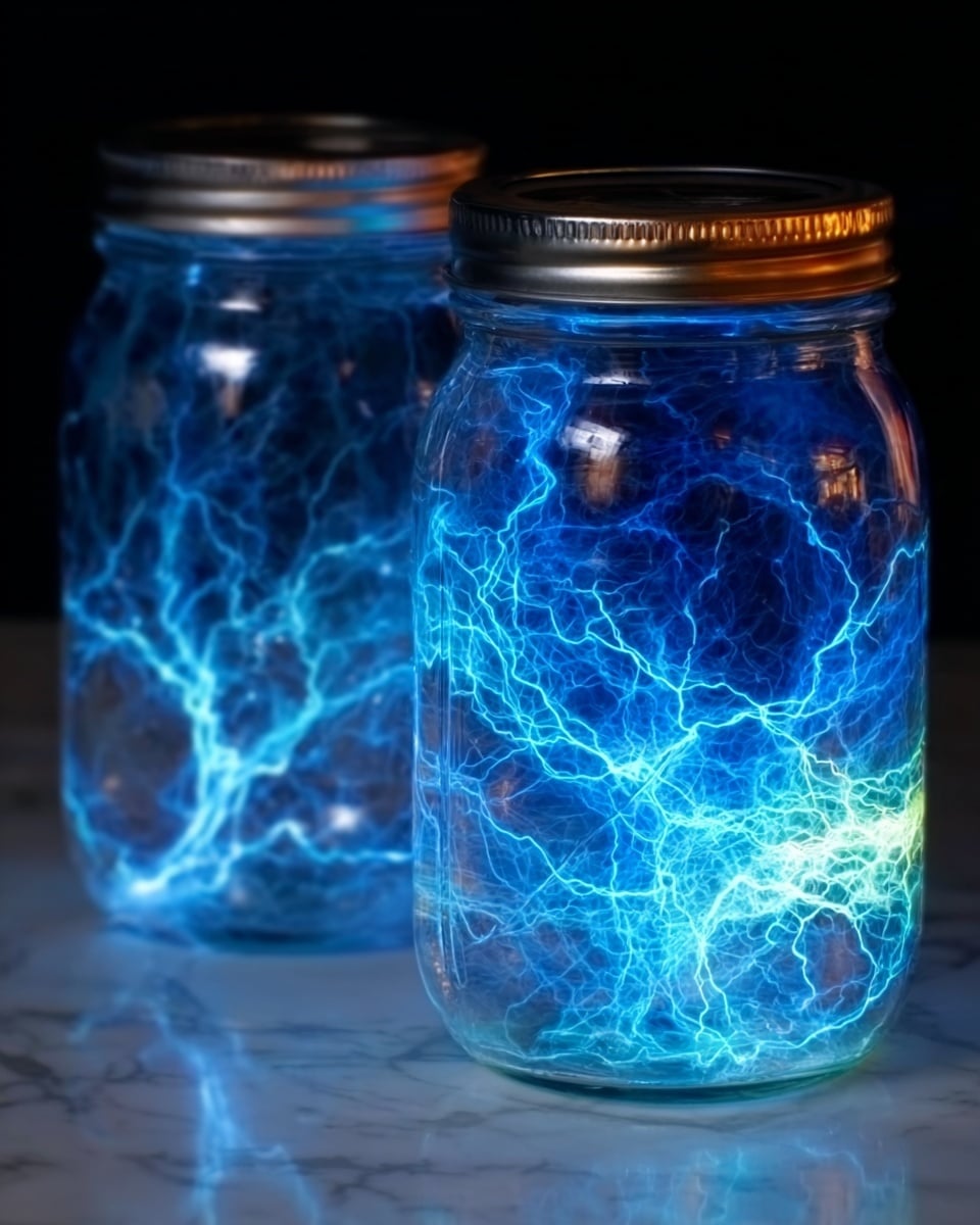 The image shows two clear glass jars filled with bright blue electric-like light patterns inside, looking like glowing lightning bolts. The jars have shiny silver lids and sit on a white marbled surface. The glowing blue light inside creates a striking contrast against the dark background, making the jars appear magical and alive with energy. photo taken with an iphone --ar 4:5 --v 7