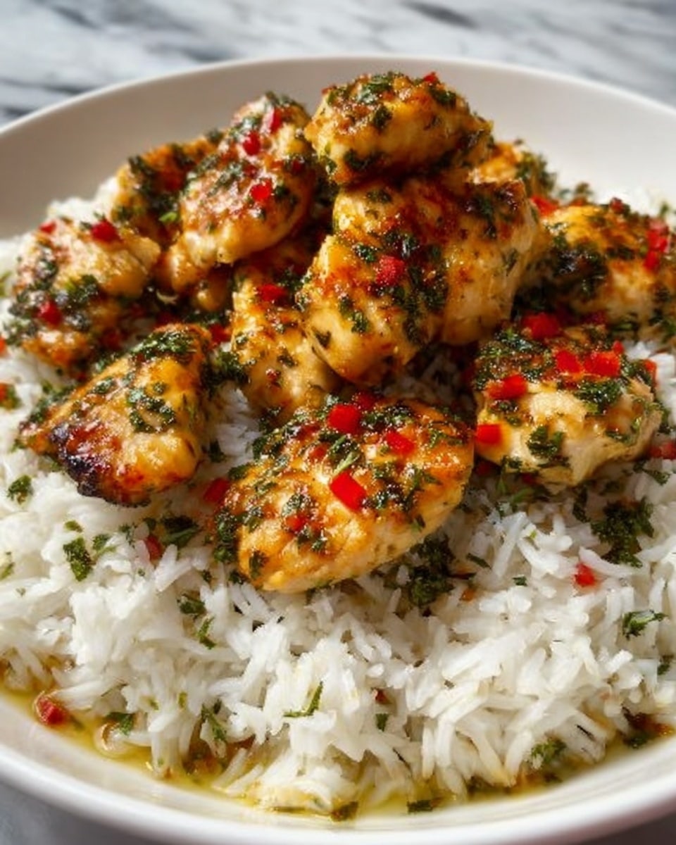 A white plate holds a bed of fluffy white rice as the bottom layer. On top, there are two layers of grilled chicken pieces, golden brown with a slightly charred look. The chicken is covered with small bits of green herbs and tiny red chili flakes scattered evenly. The texture of the chicken looks juicy and tender with some oil glistening on the surface. The whole dish sits on a white marbled surface. photo taken with an iphone --ar 4:5 --v 7
