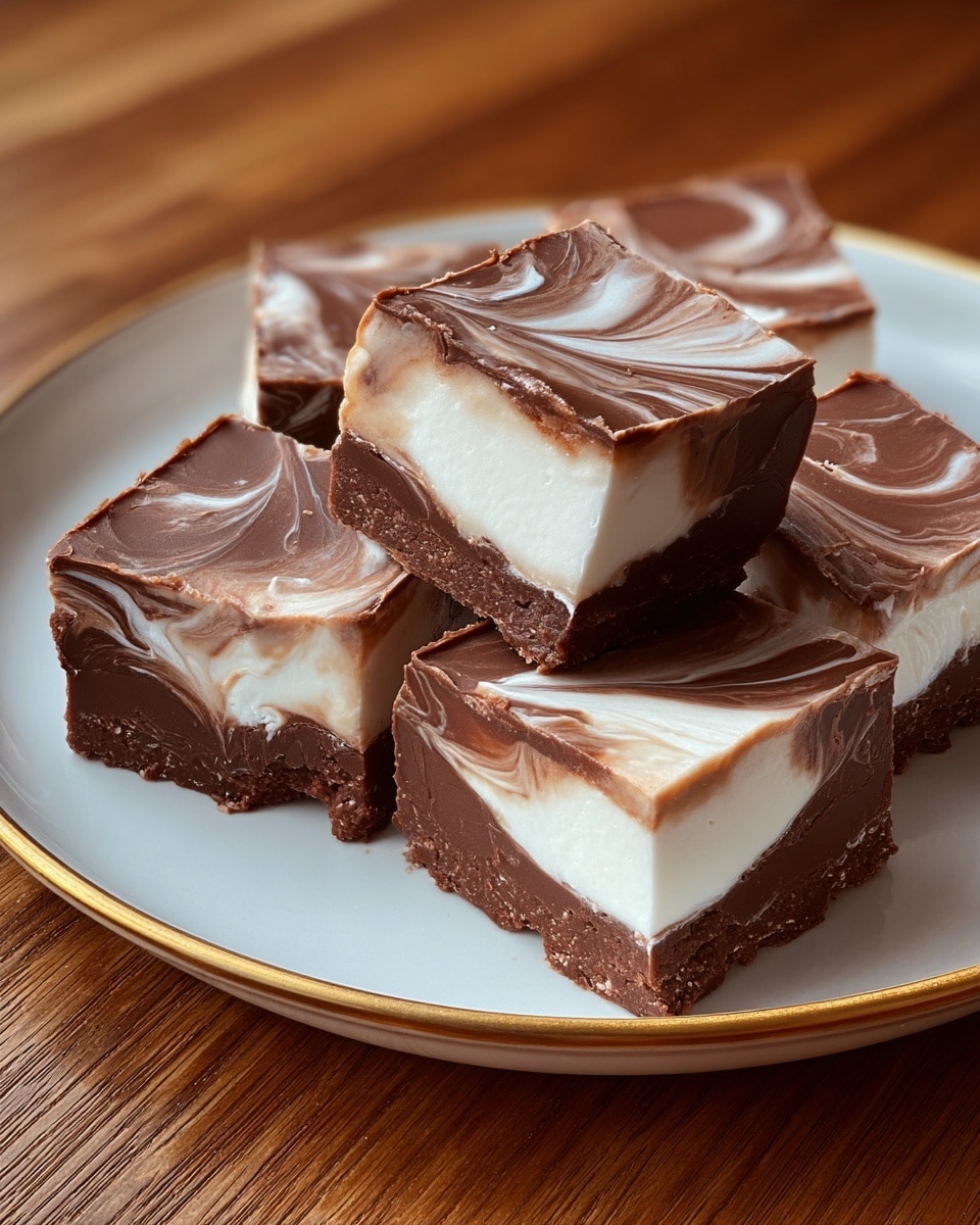 The image shows five pieces of three-layered fudge on a white plate with a thin gold rim, placed on a wooden table. The bottom layer is dark brown and dense chocolate, the middle layer is creamy white marshmallow-like filling, and the top layer is a smooth chocolate with light swirls of white, giving a marbled effect. Each piece is square with some slightly uneven edges, showing the textured contrast between the smooth chocolate and the soft middle. The top chocolate layer catches light, highlighting its silky surface. photo taken with an iphone --ar 4:5 --v 7