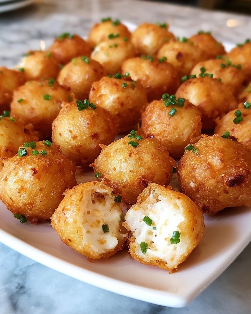 The image shows a white square plate filled with many small, round fried bites that have a golden brown crispy outer shell. Each bite appears puffed with an uneven, crunchy texture on the outside. One bite is cut open in the front, revealing a creamy white filling mixed with small green pieces, likely herbs or vegetables. The bites are neatly arranged in rows on the plate, which sits on a white marbled surface. The background is softly blurred, highlighting the crispy snacks. photo taken with an iphone --ar 4:5 --v 7