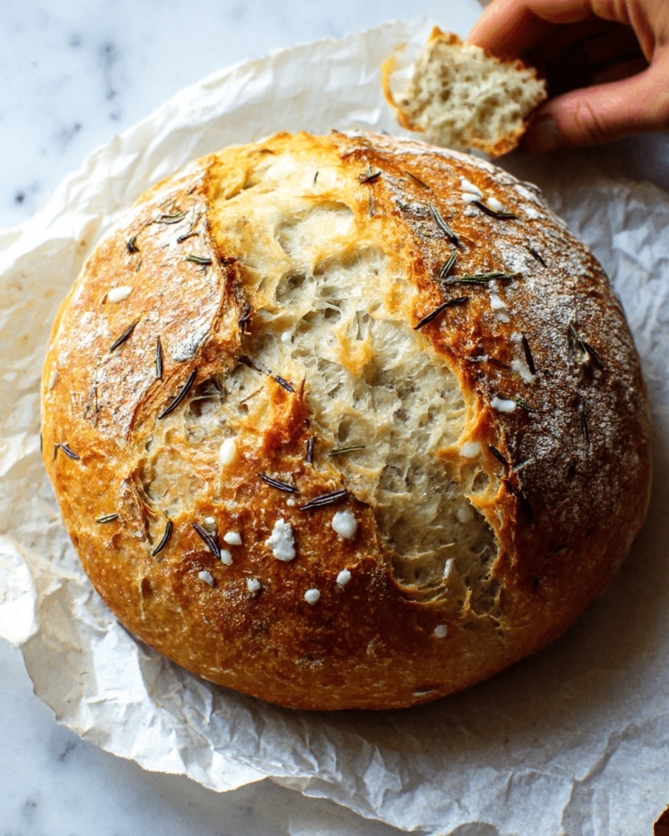 A round loaf of bread with a golden brown crust sits on crumpled white parchment paper, showing deep cuts on top that reveal a soft, fluffy white inside. The top is sprinkled with small green herbs, scattered evenly over the crust, adding texture and color. The bread has a rustic, homemade look with a slightly cracked surface and a rough, crisp outer layer. The background is a white marbled surface with a woman's hand gently touching the edge of the parchment paper. Photo taken with an iphone --ar 4:5 --v 7