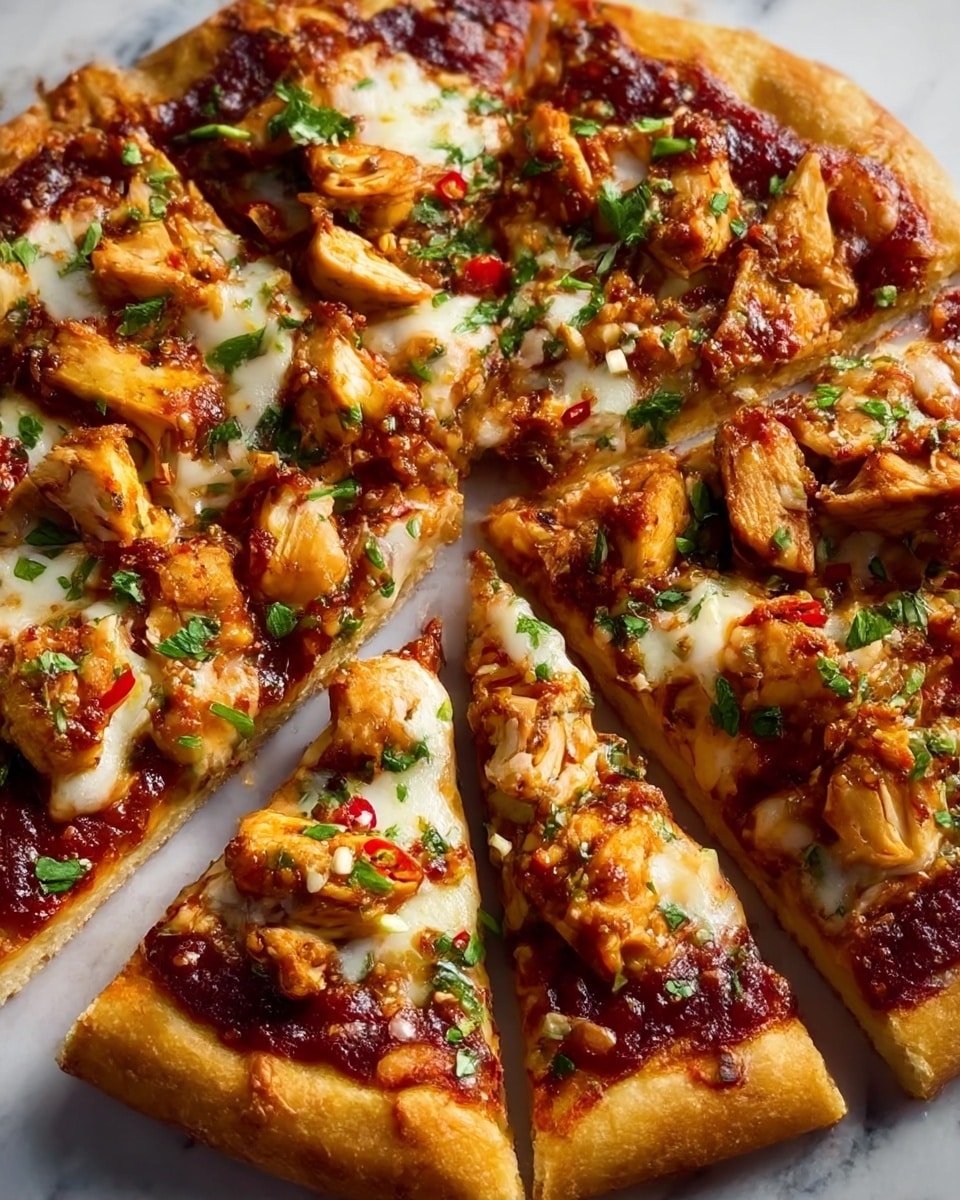 A close-up view of a sliced pizza with a golden-brown crust forming the base layer. On top, a rich dark reddish-brown sauce spreads evenly, followed by melted white cheese patches scattered all over. The main topping is chunky pieces of cooked chicken coated in a glossy, slightly sticky sauce with a brownish and orange color. Bright green parsley leaves and small red chili bits are sprinkled on top, adding color contrast and texture. The pizza is placed on white parchment paper over a white marbled surface. photo taken with an iphone --ar 4:5 --v 7
