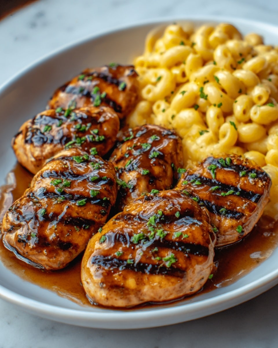 The image shows a white round plate with three pieces of grilled chicken breast placed closely in the middle. The chicken is golden brown with dark grill marks and a shiny glaze that looks slightly sticky. Green chopped herbs are sprinkled on top, adding a fresh contrast. Next to the chicken, on the left side of the plate, is a serving of creamy macaroni and cheese with small elbow pasta coated in a light yellow cheese sauce. The plate sits on a white marbled surface. The photo taken with an iphone --ar 4:5 --v 7