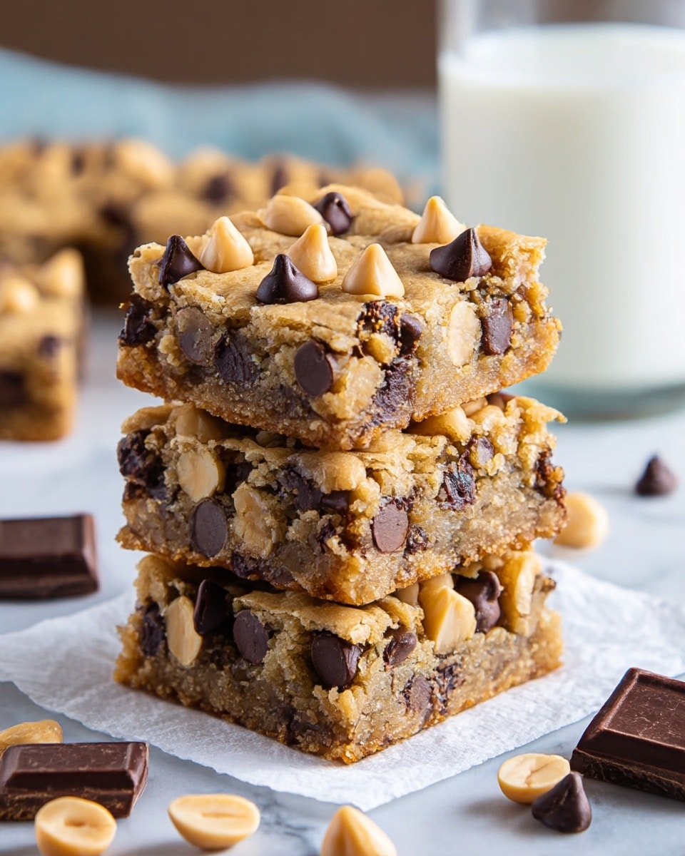 A stack of four thick, square blondie bars is shown on a white napkin on a white marbled surface. Each blondie has a light golden brown base filled with dark brown chocolate chips scattered throughout. On top of each blondie are scattered whole light tan peanuts and larger chunks of dark chocolate, adding texture and contrast. The edges of the bars are clean-cut and slightly crumbly, showing the moist and dense texture inside. Around the stack, some extra peanuts and small pieces of chocolate are scattered, with a blurry glass of milk visible in the background. photo taken with an iphone --ar 4:5 --v 7