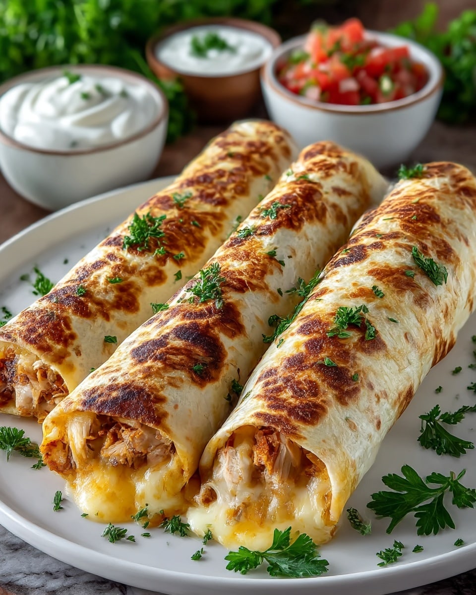 Three grilled chicken and melted cheese burritos lie side by side on a white plate, each burrito wrapped in a golden-brown, toasted tortilla with dark char marks. The outer layer of the tortillas is crispy and slightly bubbled, sprinkled with bright green chopped parsley scattered on top and around them. The ends of the burritos reveal a filling of juicy, seasoned grilled chicken pieces mixed with gooey, creamy melted cheese. In the background, two small black bowls hold a creamy white sauce garnished with parsley and a colorful chunky salsa of red tomatoes, green herbs, and diced onions. The surface beneath the plate is a white marbled texture. Photo taken with an iphone --ar 4:5 --v 7