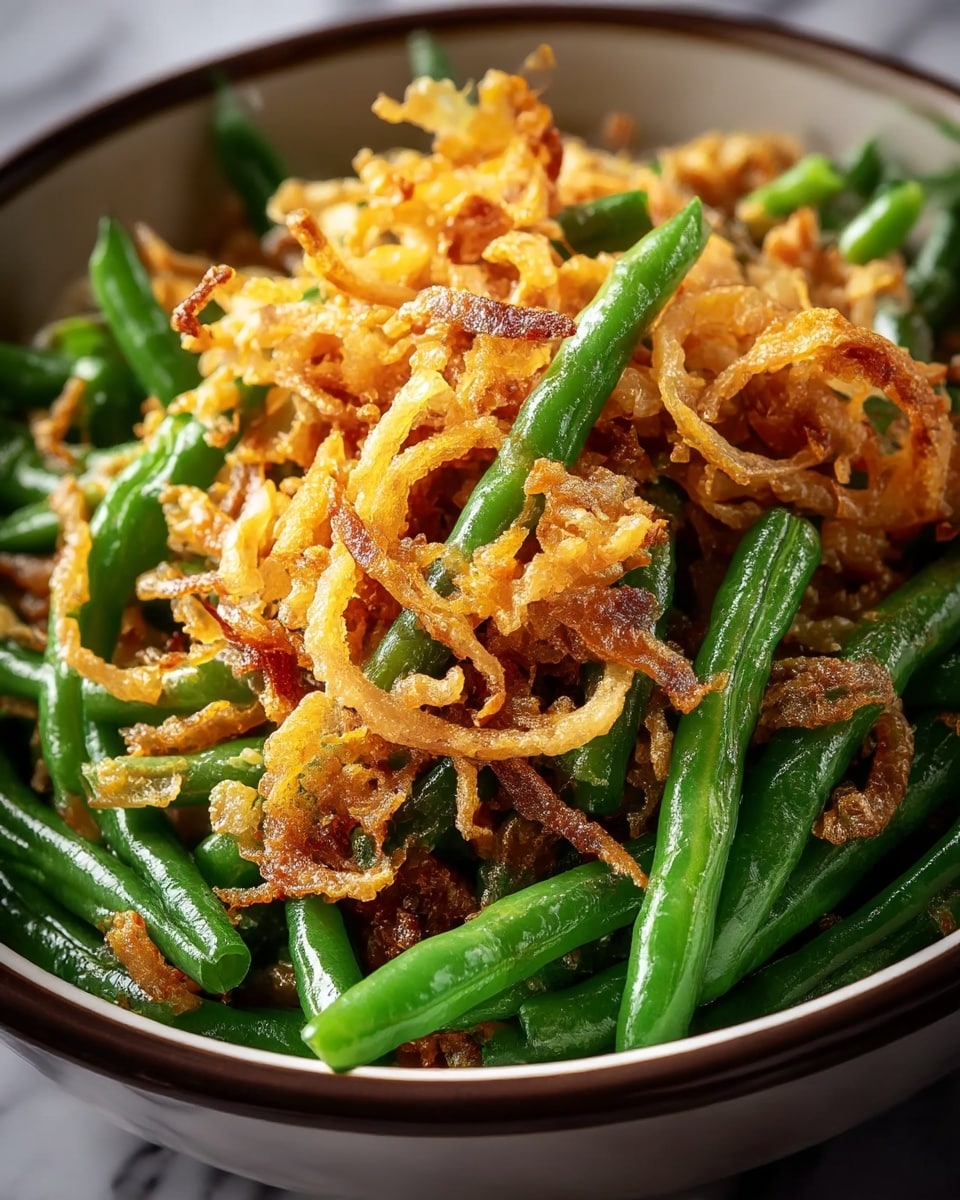A white bowl filled with bright green cooked green beans as the bottom layer, topped with a generous layer of golden brown crispy fried onions that look crunchy and textured, scattered unevenly over the green beans. The colors contrast between the vibrant green and golden brown, showing the freshness and crispiness clearly against a white marbled surface. photo taken with an iphone --ar 4:5 --v 7
