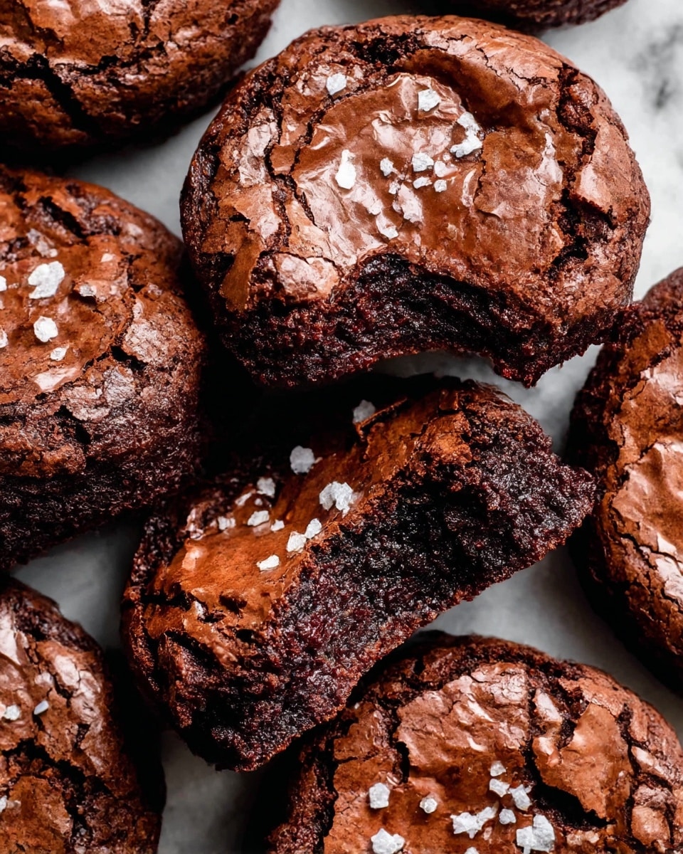 The image shows a close-up of several rich chocolate cookies stacked together on a wire rack. Each cookie has a cracked, glossy dark brown top layer with a slightly rough texture, sprinkled with coarse white sea salt flakes. The cookies appear thick and soft with a fudgy middle layer visible where one cookie has a bite taken out, revealing a dense, moist chocolate inside. The cookies are arranged closely on a white marbled texture background. photo taken with an iphone --ar 4:5 --v 7