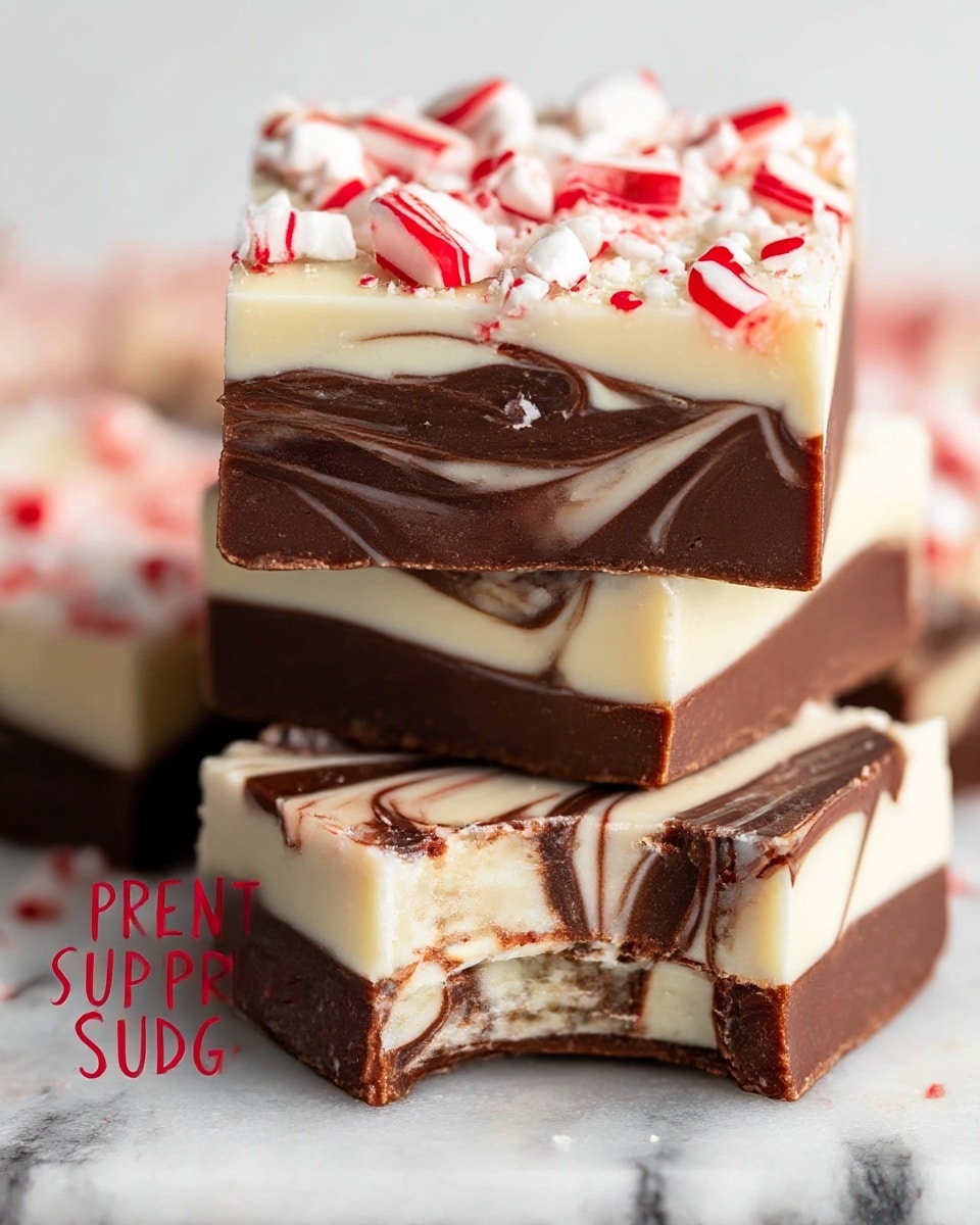 The image shows three pieces of peppermint swirl fudge stacked on a white marbled surface. Each fudge piece has three visible layers with the bottom and top layers made of smooth, dark brown chocolate mixed with swirls of creamy white chocolate, creating a marble effect. The middle layer is a thick, smooth white chocolate that blends with the other layers. The top of each fudge piece is covered with crushed white peppermint candies that have red stripes, adding texture and color contrast. One piece is bitten into, revealing the soft and creamy inside with the same swirl pattern visible inside the fudge. Photo taken with an iphone --ar 4:5 --v 7