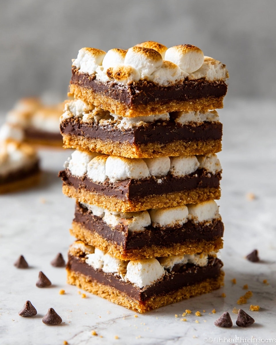 The image shows a tall stack of four dessert bars, each with three clear layers: a golden brown crumbly base, a thick middle layer of dark chocolate with a slightly rough texture, and a top layer of lightly toasted white marshmallows that are puffy and golden on the edges. The bars are cut into squares with clean edges, and some crumbs and chocolate chips are scattered around the base. The background is a white marbled texture, giving a clean and simple look. photo taken with an iphone --ar 4:5 --v 7