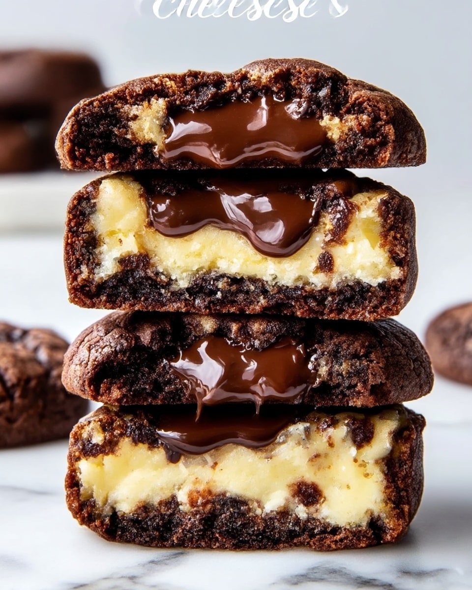 The image shows a close-up stack of three cheesecake cookies, each with three visible layers. The top and bottom layers are dark brown, crumbly chocolate cookie dough with a slightly cracked surface. The middle layer is creamy, light yellow cheesecake that looks soft and smooth. In the center of each cookie, there is a thick, glossy patch of melted dark chocolate that appears gooey and rich. The cookies are stacked on a white marbled surface with a clean, soft background. photo taken with an iphone --ar 4:5 --v 7