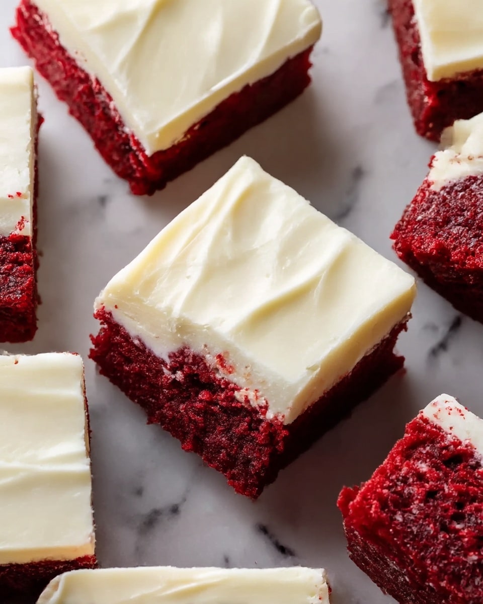 The image shows several square pieces of red velvet cake with a thick layer of creamy white frosting on top. Each piece has one visible layer of deep red, moist cake with a smooth, slightly thick white frosting spread evenly on top. The frosting has a soft texture with gentle swirls or ridges. The pieces are closely placed on a white marbled surface, with one piece slightly tilted, showing the contrast between the red cake and white frosting clearly. Photo taken with an iphone --ar 4:5 --v 7