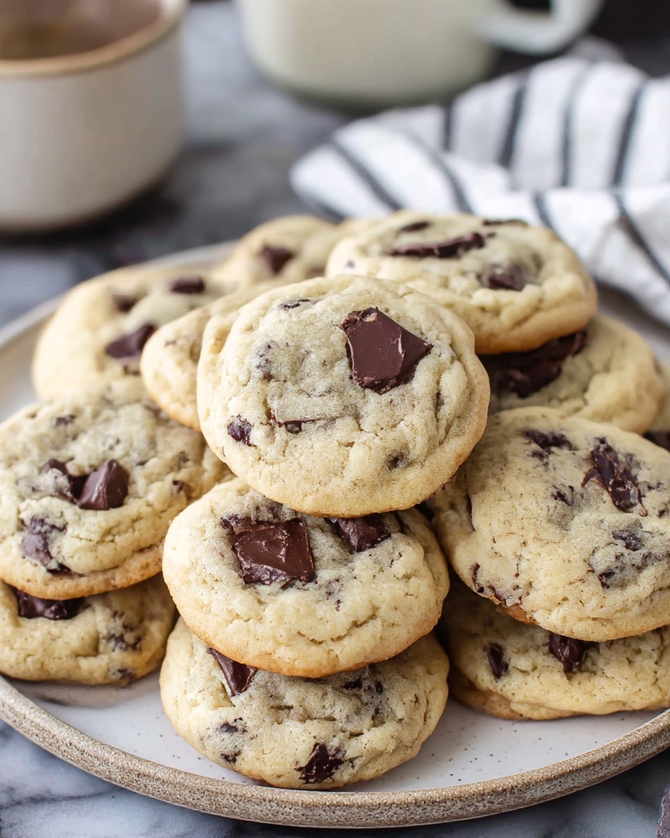 A white plate holds a stack of soft chocolate chip cookies arranged in a slightly messy pile, with about ten cookies visible. Each cookie is light golden with a slightly cracked texture and dotted with large, dark brown chocolate chips both embedded and sitting on top. The cookies have a slight thickness and soft-looking surface with some chips partially melted. The plate is sitting on a white marbled surface with a blurred bowl and fabric in the background. photo taken with an iphone --ar 4:5 --v 7