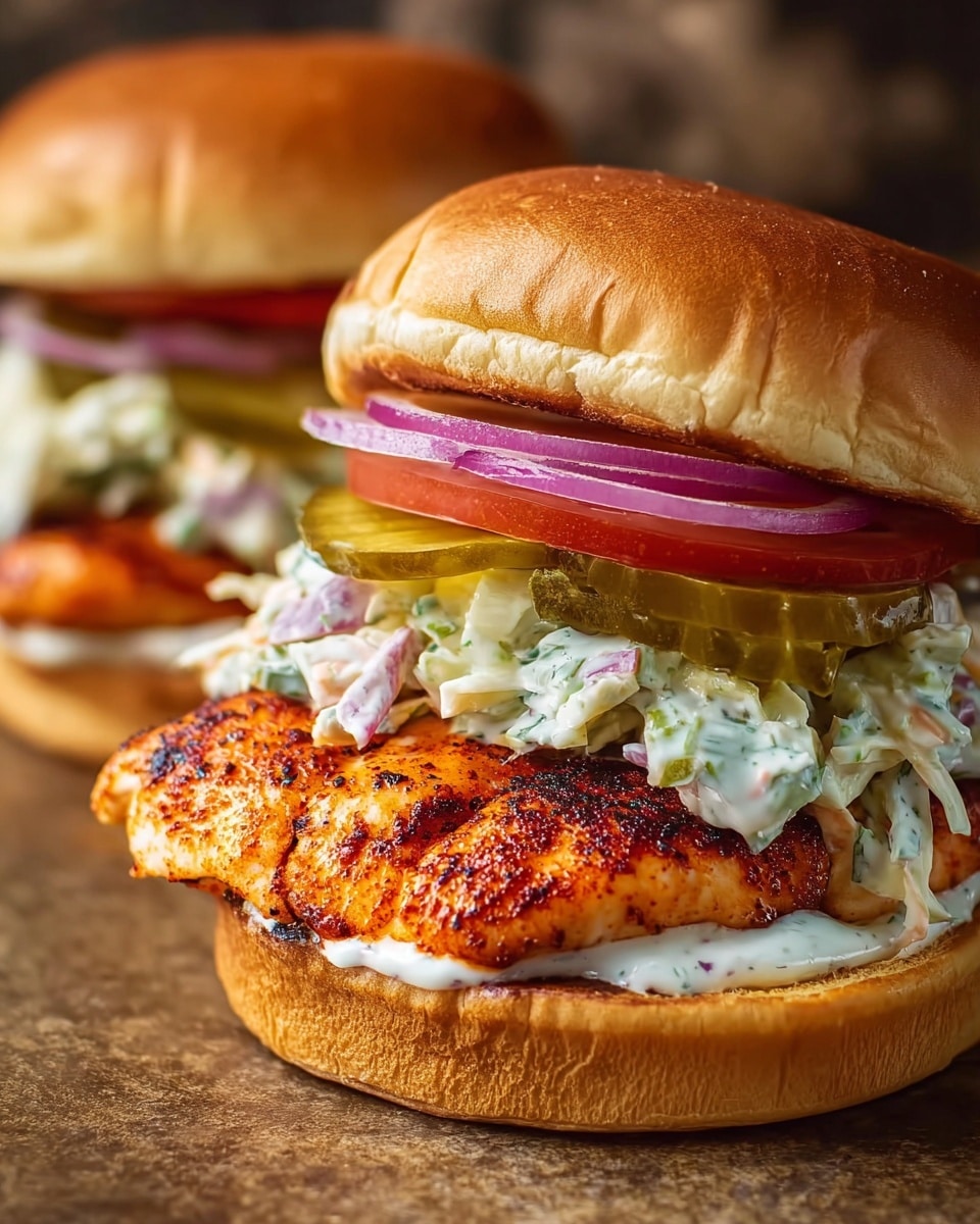 The image shows a close-up of two fish sandwiches on a textured brown surface. Each sandwich has a soft, golden-brown bun with a slightly shiny top. The bottom bun is spread with a layer of white sauce, topped with a heated, seasoned fish fillet that has a crispy, orange-brown surface. Above the fish fillet is a thick layer of creamy coleslaw with green and purple cabbage pieces visible. On top of the coleslaw sits a slice of red tomato, thin rings of purple onion, and a few green pickle slices, all under the top bun. The background sandwich is slightly blurred but similar in structure. photo taken with an iphone --ar 4:5 --v 7