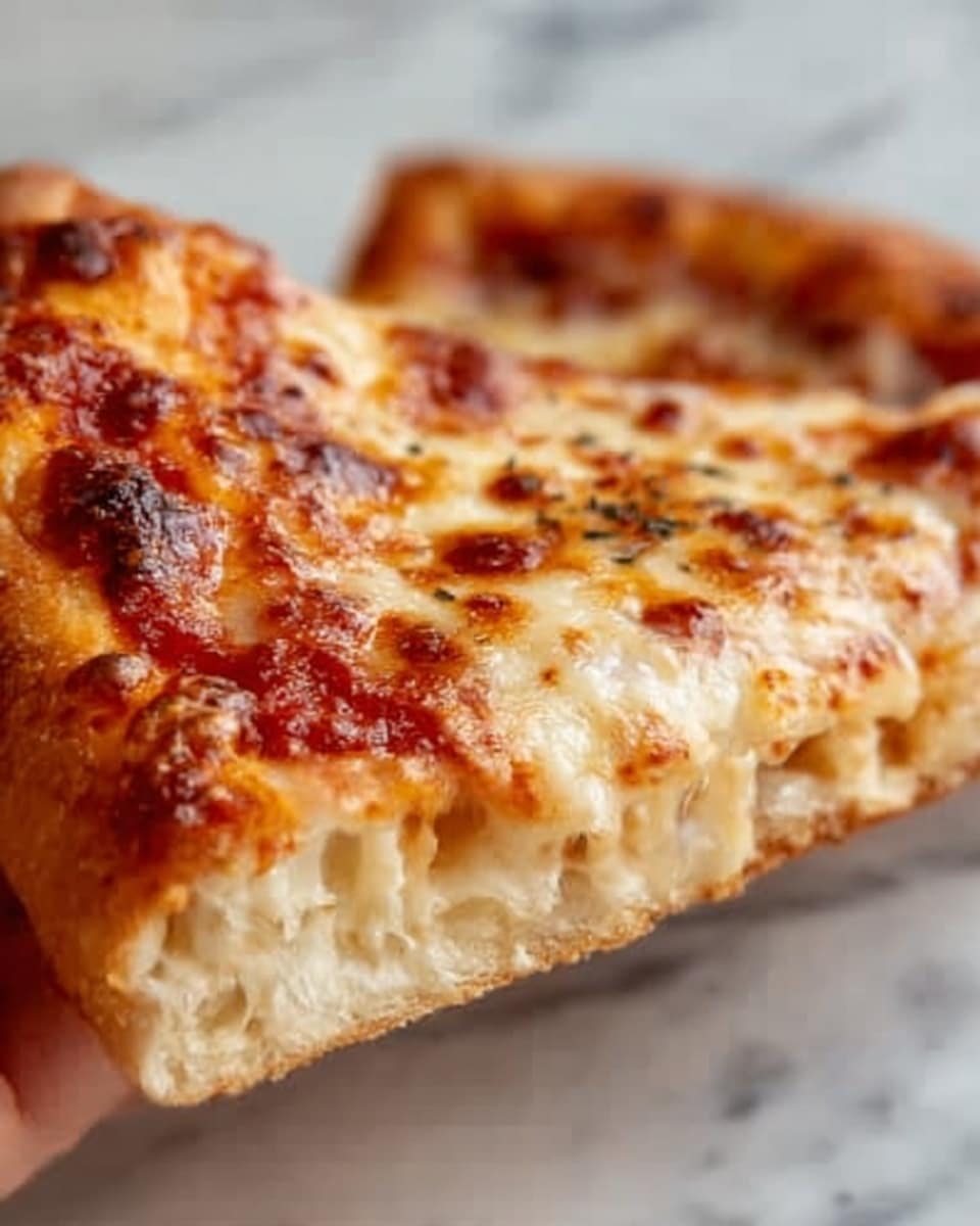 The image shows a close-up of a slice of pizza with two visible layers: the bottom layer is a golden brown crust with a slightly crispy texture, and the top layer is melted cheese that is bubbly and browned in spots, giving a rich, gooey appearance. The cheese has a smooth texture with some small browned bits on top, and the edge of the crust is thick and airy. The slice is held by a woman's hand, with a white marbled background behind. Photo taken with an iphone --ar 4:5 --v 7