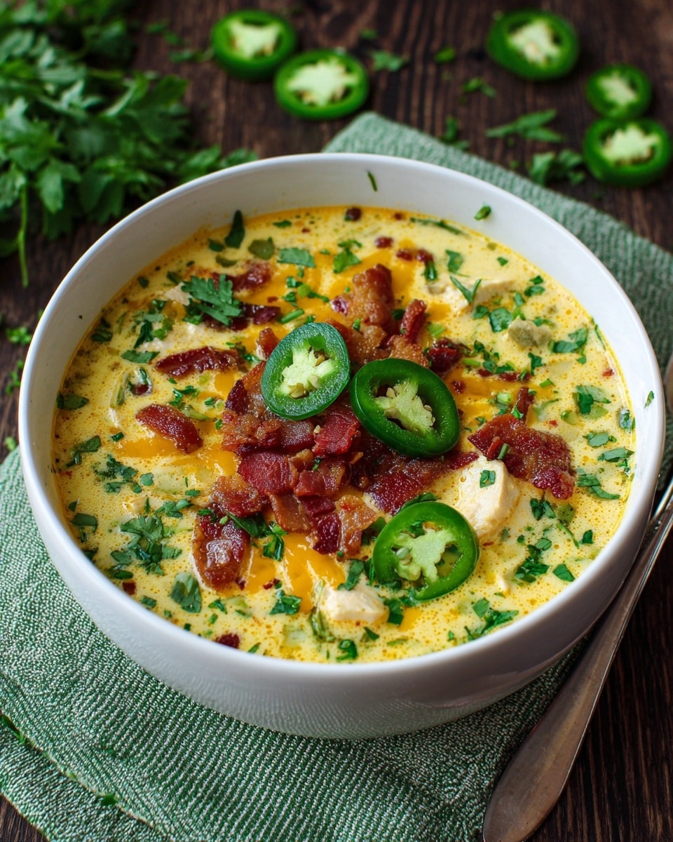 A white bowl filled with creamy yellow soup dotted with small green herbs all over. Inside the soup, there are white chicken chunks and small melted pieces of orange cheese. On top, crispy reddish-brown bacon bits are scattered in the middle. Several fresh green jalapeño slices lay on the surface, some partly submerged. Bright green chopped herbs are sprinkled around the bowl. The bowl sits on a green and white cloth on a dark wooden table with some green herbs and extra jalapeño slices in the background. Photo taken with an iphone --ar 4:5 --v 7