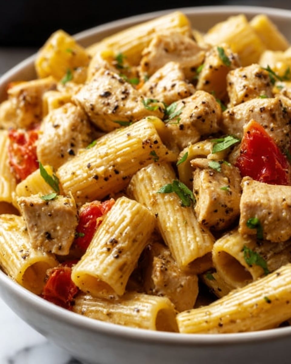 The image shows a close-up of a bowl filled with rigatoni pasta mixed with pieces of cooked chicken. The rigatoni are light golden with a slightly oily texture and are coated with black pepper flakes and herbs. Small chopped green herbs are sprinkled evenly throughout the dish on top and between the pasta tubes. There is a bright red piece of tomato near the center, adding a pop of color. The chicken pieces are light beige with a soft, cooked texture. The bowl is white, and the background has a white marbled texture. Photo taken with an iphone --ar 4:5 --v 7