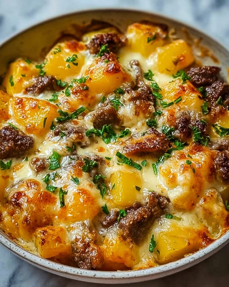 The image shows a close-up of a baked dish in a deep white bowl, with three clear layers visible. The bottom layer consists of evenly cut golden-yellow potato cubes. The middle layer is creamy and smooth, made up of melted cheese that covers the potatoes and fills the gaps. On top, there are browned chunks of beef, slightly crispy on the outside, scattered evenly over the cheese. Fresh green herbs are sprinkled over the dish for color contrast and added freshness. The whole dish is set against a white marbled textured surface. photo taken with an iphone --ar 4:5 --v 7