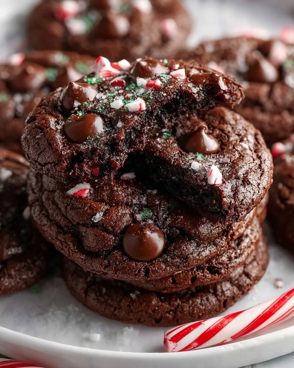 The image shows a stack of thick, dark chocolate cookies with a cracked, glossy surface. Each cookie has small, smooth chocolate chips embedded on top, and they are sprinkled with white and red crushed peppermint pieces. The top cookie has a bite taken out of it, revealing a soft, moist, and dark interior. The cookies are placed closely together on a white plate with a white marbled surface beneath. In the foreground, a small candy cane with red and white stripes lies next to the cookies. photo taken with an iphone --ar 4:5 --v 7