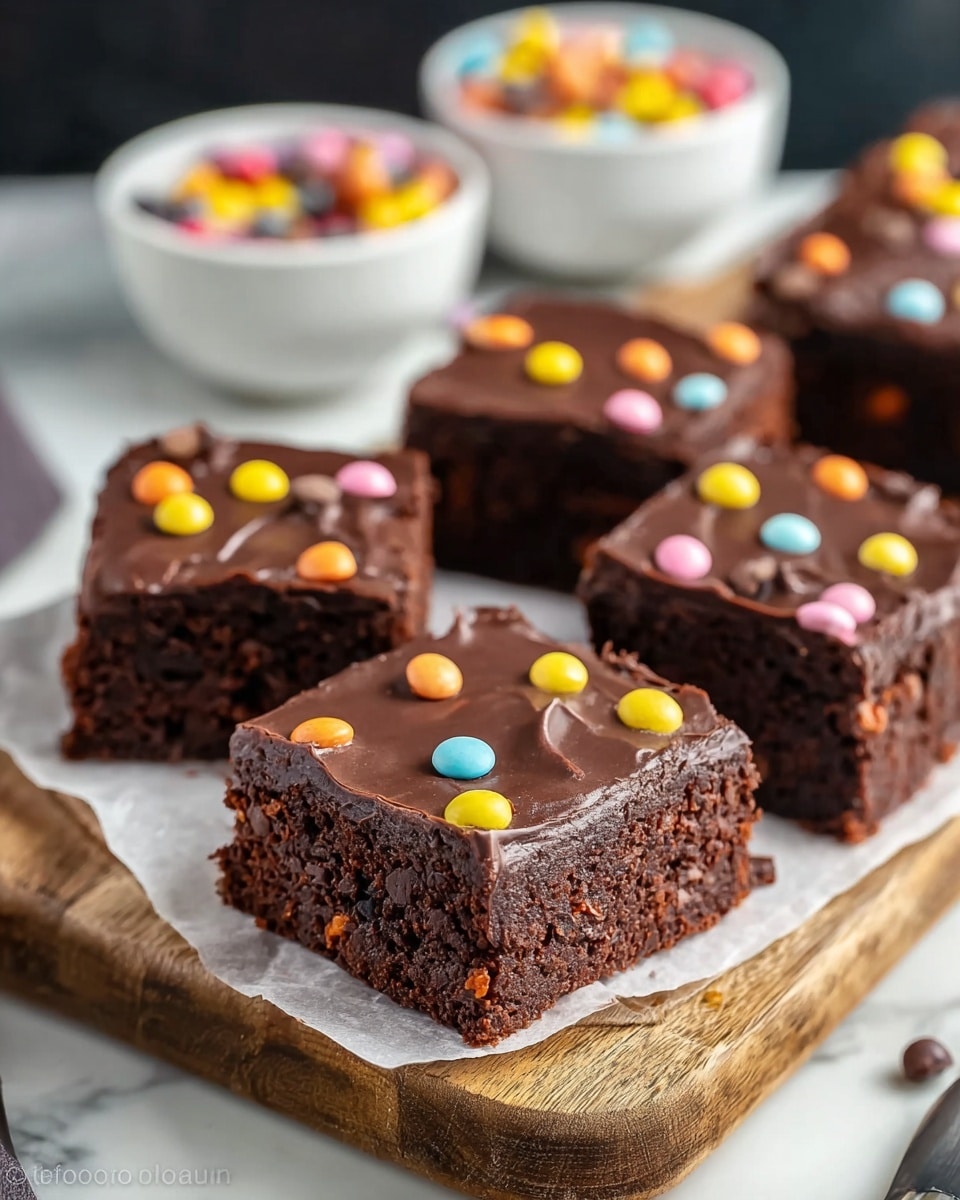 Four square pieces of chocolate brownies are placed closely on white parchment paper over a wooden board. Each brownie has a thick, dark brown chocolate layer with a smooth, glossy texture on top, decorated with small, round candy pieces in bright colors like yellow, orange, and pink, scattered evenly. The brownies have a dense, fudgy interior visible from the sides, showing a moist and slightly crumbly texture. In the blurry background, there is a white bowl filled with more colorful round candies, all set on a white marbled texture. photo taken with an iphone --ar 4:5 --v 7