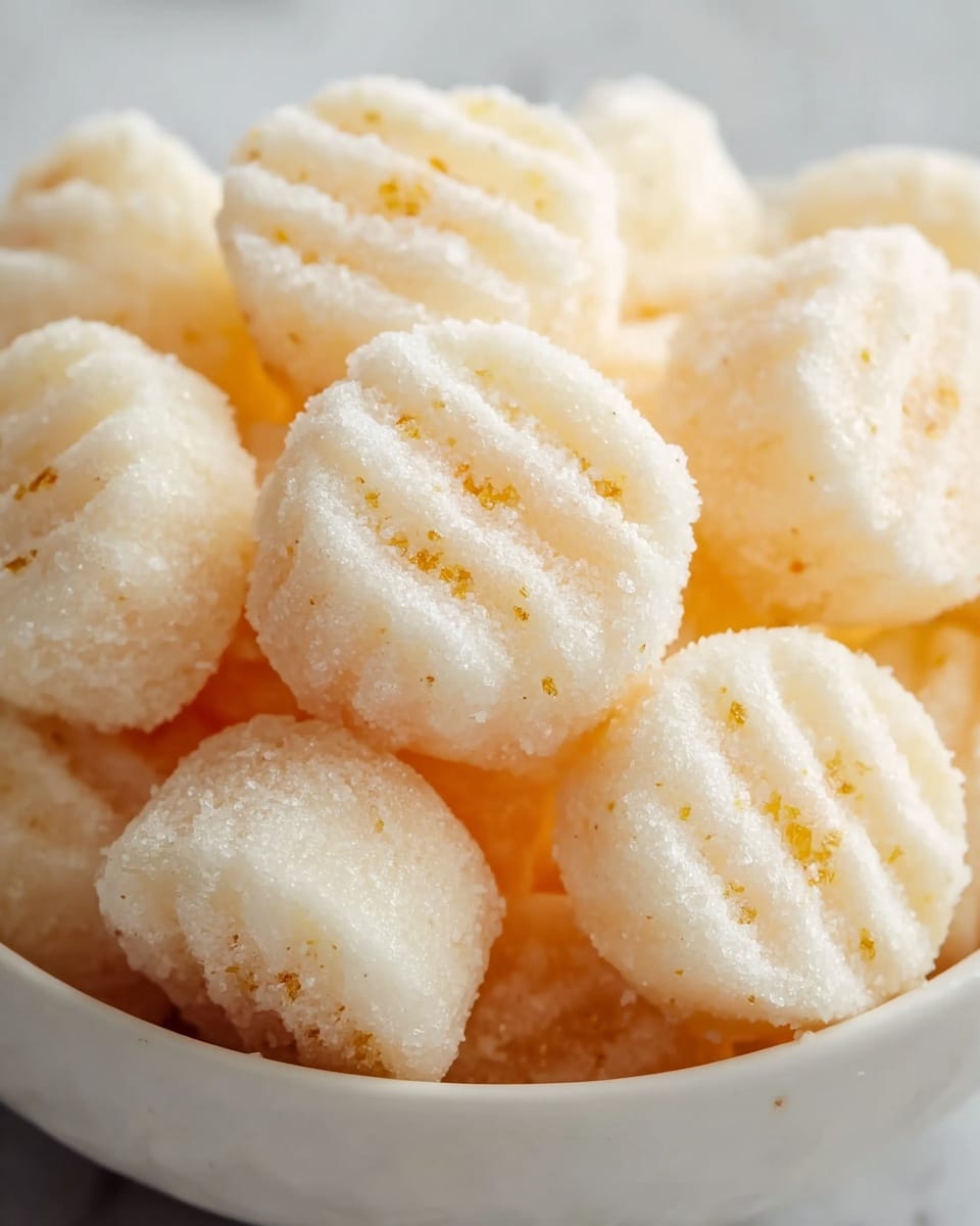 The image shows close-up round, white sweets stacked in a white bowl, each piece with three visible light golden-yellow ridges on top, giving a striped pattern. The texture looks soft and slightly crumbly, with a powdery coating and tiny golden specks scattered throughout. The sweets appear thick and slightly spongy, with smooth sides and a flat top, positioned closely together inside the bowl. The scene is set on a white marbled surface, giving a clean and bright look. photo taken with an iphone --ar 4:5 --v 7