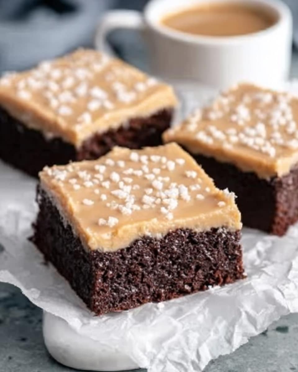 The image shows three square pieces of dark brown brownie placed on white parchment paper. Each brownie has a thick, smooth light caramel-colored frosting layer on top, sprinkled with white coarse sugar crystals. In the background, there is a blurred white cup with a light brown drink, likely coffee or latte, adding a cozy touch. The surface beneath the parchment paper is a white marbled texture. photo taken with an iphone --ar 4:5 --v 7