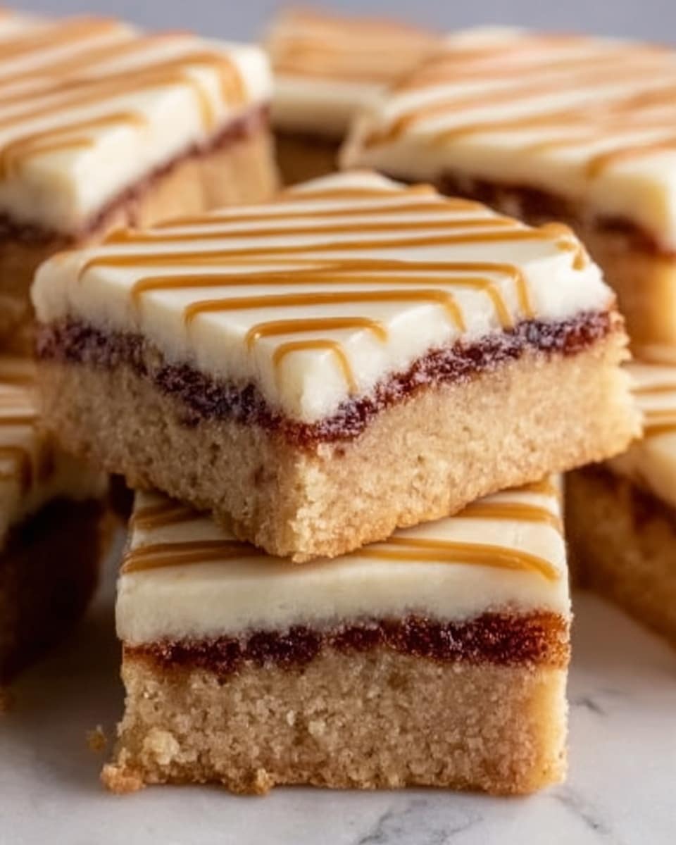The image shows a close-up of thick square dessert bars stacked on a white marbled surface. Each bar has three visible layers: the bottom layer is a thick, light tan cookie or cake base with a soft, slightly crumbly texture; the middle layer is a thin, dark reddish-brown filling that looks smooth and dense; the top layer is creamy and off-white with a glossy finish, decorated with thin, caramel-colored drizzle lines evenly spaced across the surface. The bars are cut neatly with clean edges. Photo taken with an iphone --ar 4:5 --v 7