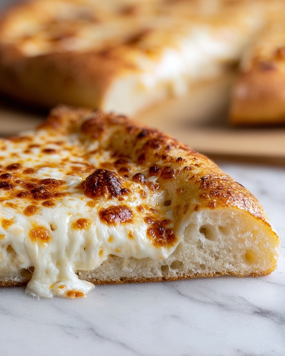 The image shows a close-up of a slice of cheese pizza resting on a white marbled surface. The pizza has one thick, golden-brown crust layer with a slightly airy inside and a smooth bottom. On top of it is a thick layer of melted mozzarella cheese, creamy white with browned, bubbly spots scattered across the surface, creating a textured look. The cheese stretches over the crust at the edge, with a glossy, gooey texture and slightly browned patches. In the blurred background, another slice of similar pizza is visible. photo taken with an iphone --ar 4:5 --v 7