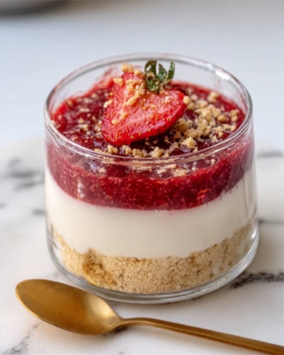 The image shows a clear glass cup with three layers of dessert. The bottom layer is light beige and crumbly, looking like crushed biscuits. The middle layer is thick and white, smooth and creamy. The top layer is bright red with a chunky texture, possibly made of strawberry pieces and sauce. Small crumbs and bits are sprinkled on the top layer, adding some texture. The glass cup is placed on a white marbled surface with a golden spoon next to it, and a small part of a woman's hand is touching the spoon. Photo taken with an iphone --ar 4:5 --v 7