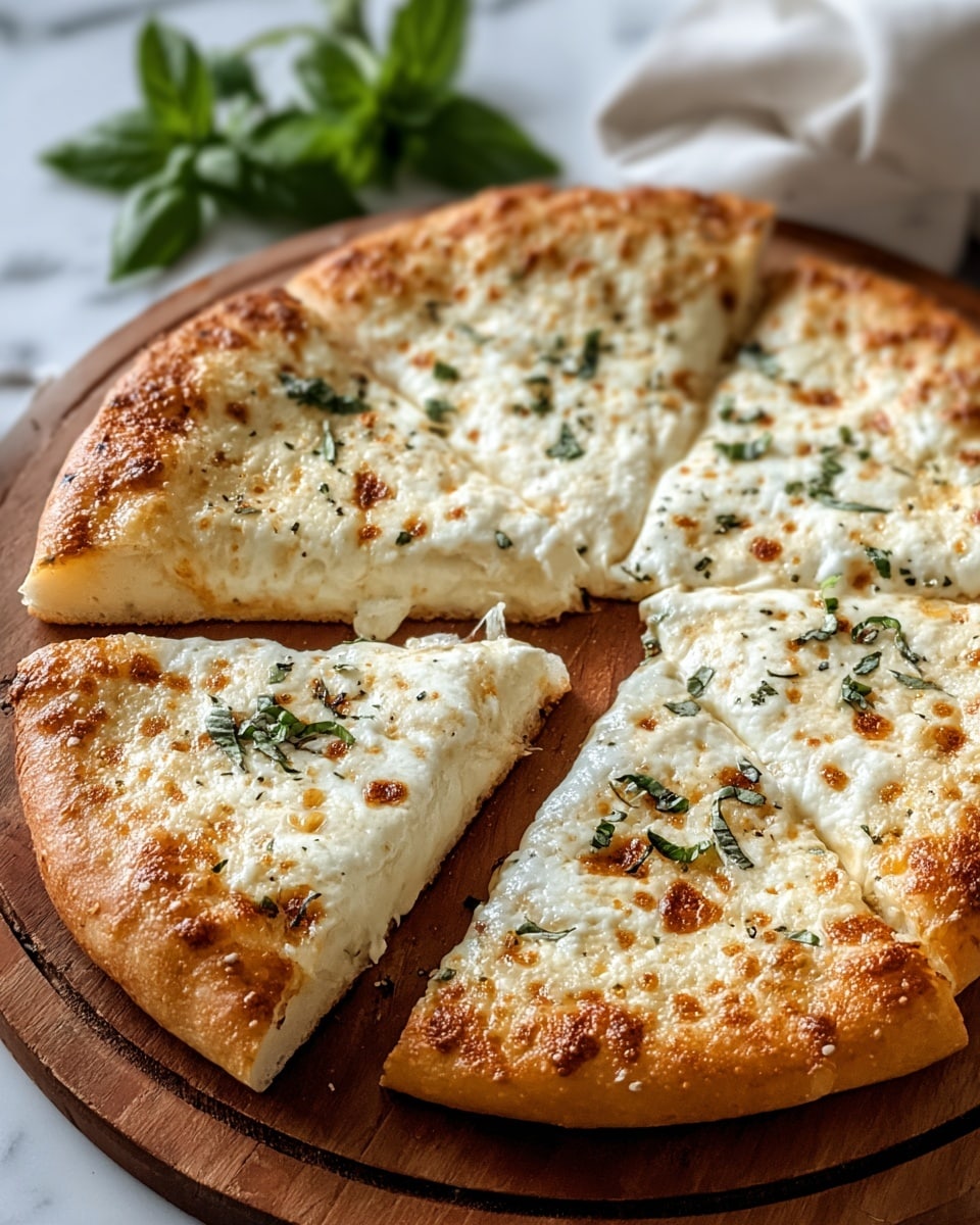 A white pizza cut into six slices is shown on a round wooden board with one slice slightly pulled away. The crust is light golden brown with small browned spots, slightly crispy and thick. The top layer is melted white cheese with golden-brown toasted spots unevenly spread, giving a bubbly texture. Green herb pieces are scattered over the cheese, adding fresh color contrast. In the background, a small fresh green basil leaf is visible on a white marbled surface. photo taken with an iphone --ar 4:5 --v 7