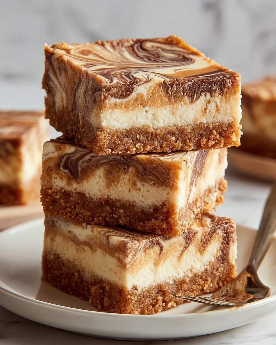The image shows three stacked square dessert bars on a white plate with a fork beside them. Each bar has three visible layers: a thick bottom layer with a crumbly, golden-brown texture, a middle cream-colored layer with a slightly grainy texture, and a top layer that is smooth with swirled patterns of light brown, dark brown, and creamy white colors creating a marbled effect. The bars appear dense and moist, with the swirled top layer smoothly blending into the middle layer. The background has a white marbled texture. photo taken with an iphone --ar 4:5 --v 7