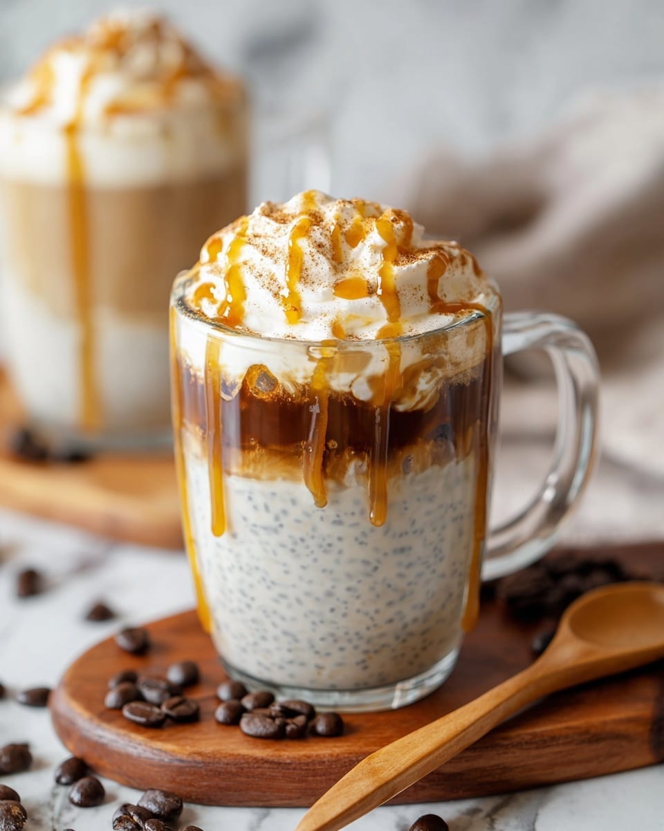 A clear glass mug filled with three distinct layers: the bottom thick layer is creamy white with visible tiny chia seeds and caramel drizzles inside, the middle layer is a smooth medium brown coffee, and the top layer is fluffy white whipped cream topped with golden caramel sauce lines and a light sprinkle of cinnamon powder. The mug is placed on a wooden board with scattered dark brown coffee beans and a wooden spoon beside it. In the background, there is a second glass mug similarly layered and topped with whipped cream and caramel sauce. The whole scene is set on a white marbled texture. photo taken with an iphone --ar 4:5 --v 7