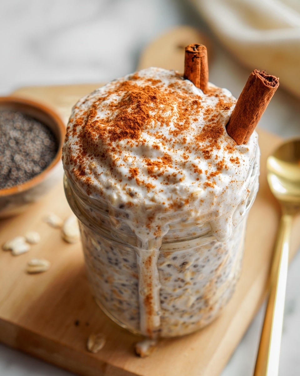 A close-up view of a glass jar filled to the top with a thick mixture of oatmeal and chia seeds, creamy white with specks of brown. The top layer is a fluffy, whipped cream-like texture covered evenly with a sprinkle of reddish-brown cinnamon powder. Two cinnamon sticks are placed on the right side, resting inside the jar. The jar has some drips of the creamy mixture running down its outside. In the background, there is a blurred bowl with black chia seeds and a golden spoon lying on a light wooden board, all placed on a white marbled surface. photo taken with an iphone --ar 4:5 --v 7