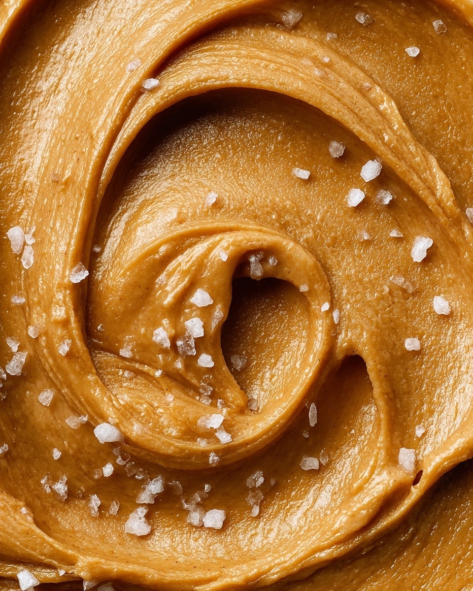 A close-up view of one smooth, thick layer of creamy peanut butter with a rich golden brown color. The texture is glossy and slightly grainy, with small swirls and ridges forming a soft swirl pattern in the center. Scattered on top are coarse white salt flakes that contrast with the warm color of the peanut butter. The background shows a white marbled texture. photo taken with an iphone --ar 4:5 --v 7