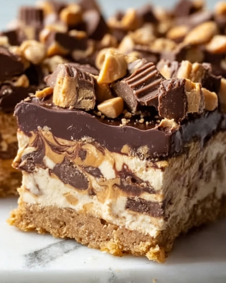 This image shows a thick layered dessert with four main layers. At the bottom is a dark brown chocolate crust, firm and crumbly. Above that is a creamy light tan layer of peanut butter or caramel mousse that looks smooth and soft. The third layer is a rich, glossy dark chocolate layer, slightly melted and spread unevenly. On top, there is a generous pile of broken pieces of tan peanut butter cups and small brown candies, adding texture and crunch. The dessert is set against a white marbled surface. Photo taken with an iphone --ar 4:5 --v 7