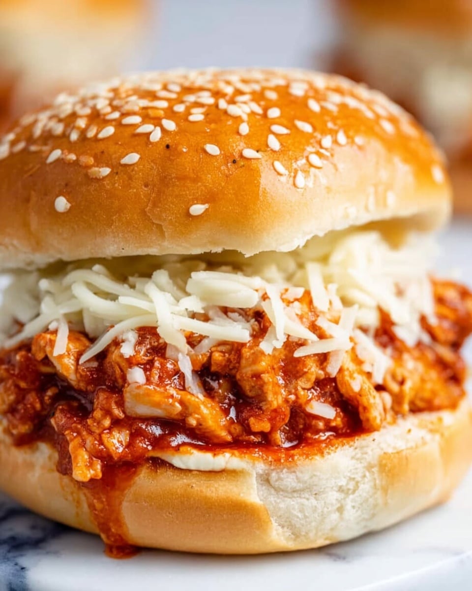 A close-up image of a sandwich with three layers on a white sesame seed bun, placed on a white marbled surface. The bottom layer is a light brown toasted bun, topped with a thick layer of chunky red tomato sauce with pieces of cooked meat. On top of the sauce is a generous amount of shredded white melted cheese, and the sandwich is covered by the top half of the sesame seed bun, golden brown in color. Photo taken with an iphone --ar 4:5 --v 7