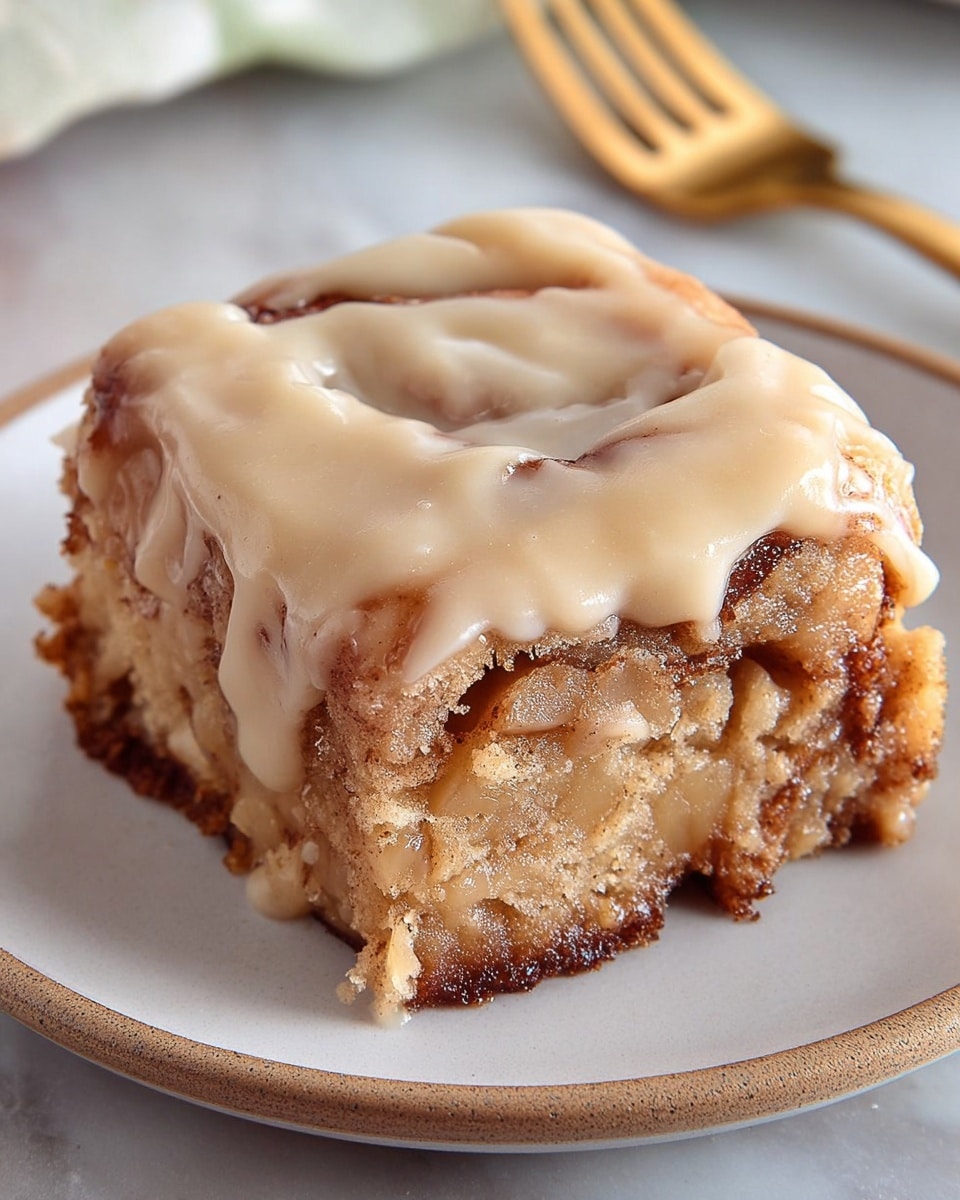 A single square piece of cinnamon roll sits on a simple white plate, showing two thick layers of soft, light brown dough swirled with darker cinnamon filling. The top layer of the cinnamon roll is generously covered with a smooth, light beige glaze that drips slightly over the edges, adding a glossy, creamy texture. The cinnamon roll has a slightly crumbly and moist look with a golden-brown crust along the sides. In the background, a golden fork rests on a white marbled surface, giving a cozy and inviting feel. photo taken with an iphone --ar 4:5 --v 7