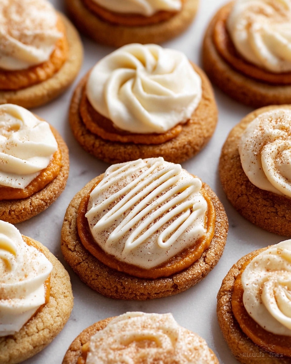 The image shows several round cookies with a light golden color and a soft texture. Each cookie has two layers: the bottom layer is the round cookie base which is slightly raised along the edge, and the middle part is filled with either smooth pumpkin filling in a warm orange-brown color or a swirl of creamy white whipped topping with light brown sprinkles on some. One cookie at the front center has a thick, zigzag cream layer covering the pumpkin filling. The cookies are placed close together on a white marbled surface, showing a mix of plain pumpkin-filled cookies and those decorated with white cream in different patterns. Photo taken with an iphone --ar 4:5 --v 7