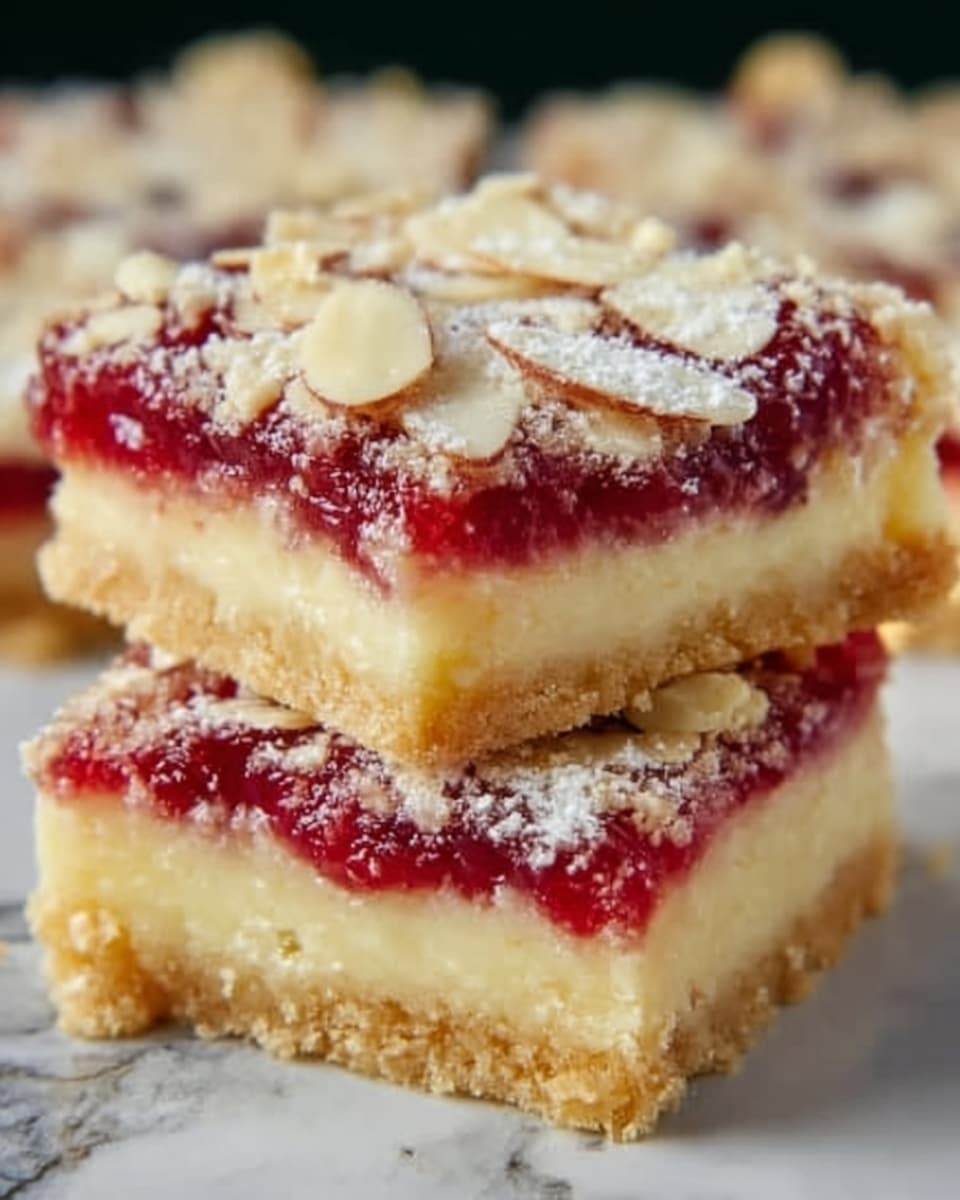 Two square pieces of dessert are stacked on a white marbled surface. Each piece has three clear layers: a bottom layer of soft, light yellow crumbly cake, a middle layer of bright red berry jam that looks smooth and shiny, and a top layer covered with small white crumbly bits and thin, slightly toasted almond slices scattered unevenly. The texture changes from soft cake to sticky jam, ending with crunchy crumbs and almonds. The background is softly blurred, keeping the focus on the dessert. Photo taken with an iphone --ar 4:5 --v 7