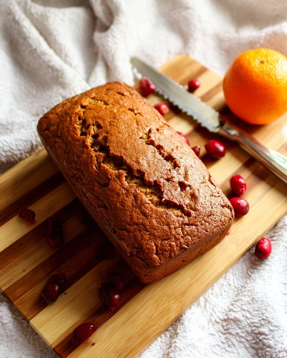 A golden brown rectangular loaf of bread with a slightly cracked top crust sits on a wooden cutting board with light and dark wood stripes. Next to the loaf is a whole bright orange, smooth textured and round, accompanied by a few small, shiny red cranberries scattered nearby. A serrated knife with a grey blade rests beside the orange. The setting is on a white marbled surface with soft, cream-colored cloth draped around the edges. Photo taken with an iphone --ar 4:5 --v 7