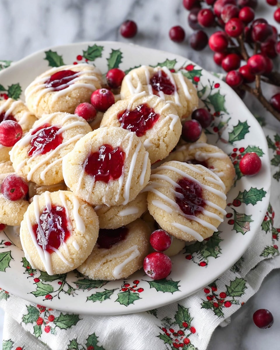 A white plate decorated with green holly and red berries holds a pile of round cookies, each with a light golden base, a sparkling sugar coating, and a center filled with bright red cranberry jam. The cookies are drizzled with thin lines of white icing, creating a delicate pattern over each one. Fresh whole cranberries are scattered around the plate and on the white marbled surface beneath. Nearby, there is a green ceramic dish shaped like a leaf holding more of the same cookies, with a white cloth featuring a holly pattern partially visible underneath. Photo taken with an iphone --ar 4:5 --v 7