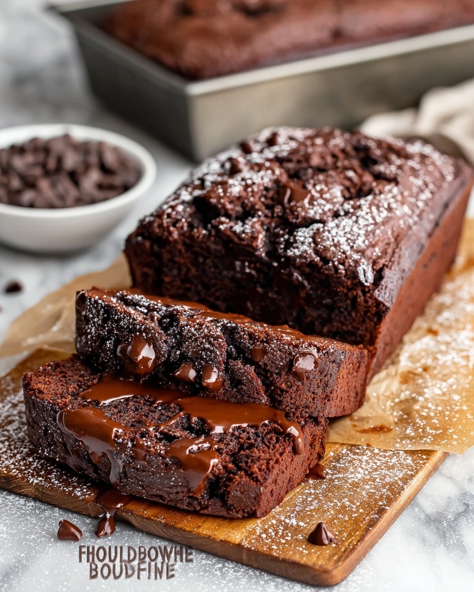 A rich dark brown brownie bread loaf rests on a wooden board lined with parchment paper on a white marbled surface. The loaf is cracked on top, showing a shiny, gooey melted fudge layer beneath the slightly cracked crust sprinkled with glossy dark chocolate chips. Two thick slices are cut from the front; the closest slice has a generous layer of melted fudge spreading across its middle. The wooden board has a light dusting of powdered sugar, and chocolate fudge drips decorate the sides. A metal baking pan with another brownie loaf is blurred in the background, along with a white bowl filled with chocolate chips in soft focus. photo taken with an iphone --ar 4:5 --v 7