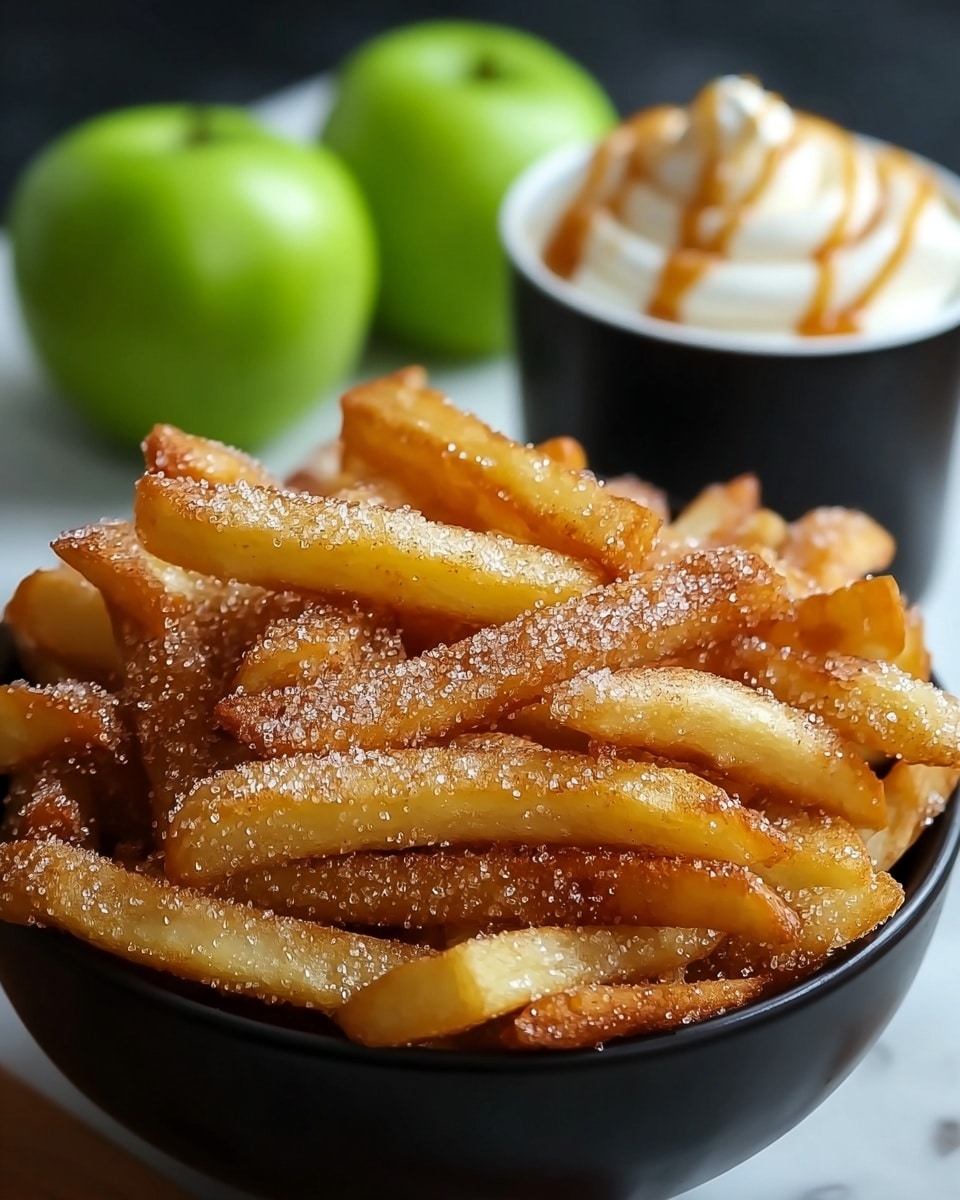 A close-up view of a bowl filled with long, thin fries that are golden brown with a light dusting of granulated sugar and cinnamon powder, adding a sparkling texture. The fries appear crispy with some edges showing a darker golden hue, stacked loosely inside a white bowl. In the blurry background, a small white bowl contains a creamy sauce with a swirl of caramel sauce on top, and there are green apples placed on a white marbled surface. photo taken with an iphone --ar 4:5 --v 7