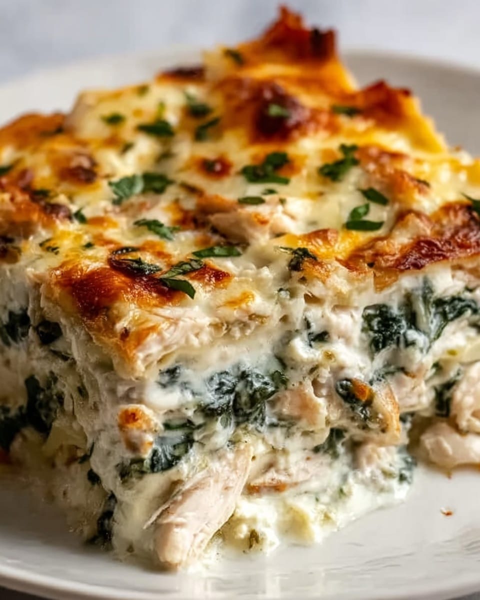 A close-up view of a slice of baked dish with visible layers, featuring a creamy white layer mixed with chopped green spinach leaves, topped by a golden-brown melted cheese layer that is bubbly and slightly browned. The texture is smooth and soft with small pieces of chicken scattered throughout the spinach and cheese layers. The slice is placed on a simple white plate with a white marbled surface beneath. Photo taken with an iphone --ar 4:5 --v 7