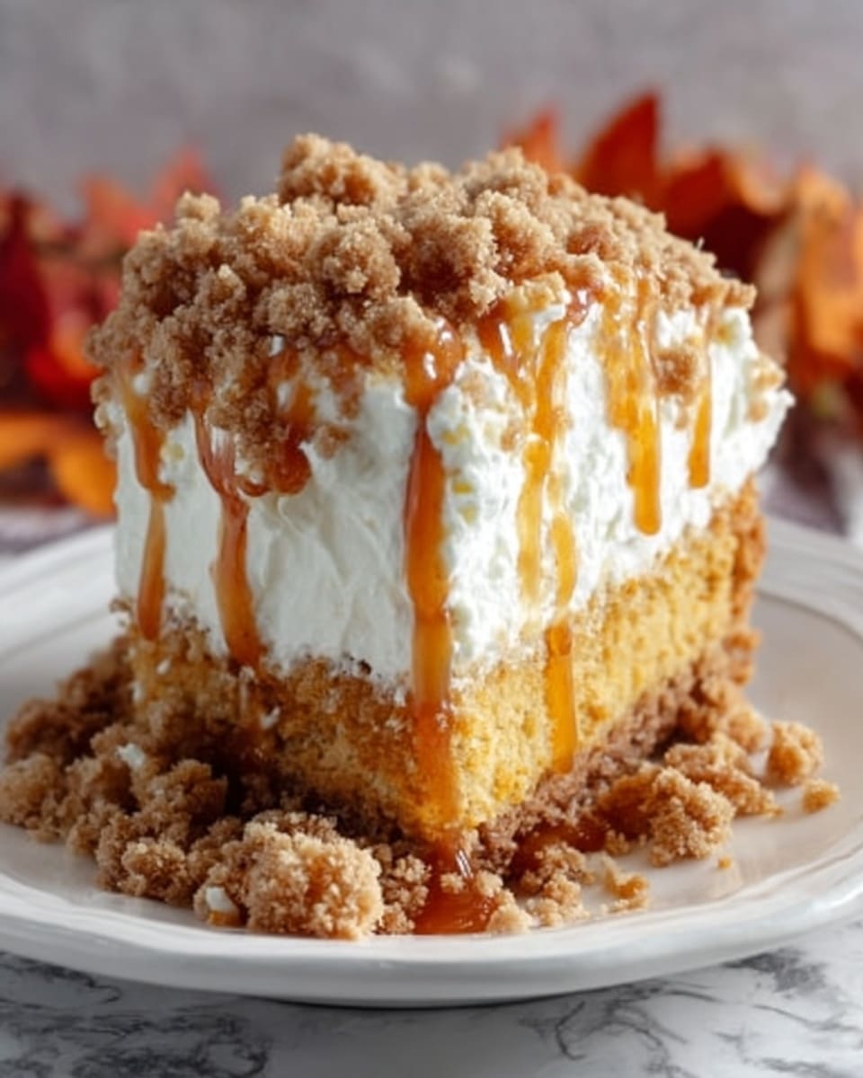 A single slice of layered cake is placed on a white plate against a white marbled background. The bottom layer is a moist, golden-brown cake base. Above it is a thick layer of soft, white whipped cream, topped with a generous amount of light brown crumbly streusel that spills over the cake and onto the plate. Drizzled on top and down the sides is a shiny caramel sauce, adding a glossy finish. The overall presentation looks inviting with warm autumn colors in the blurred background. Photo taken with an iphone --ar 4:5 --v 7