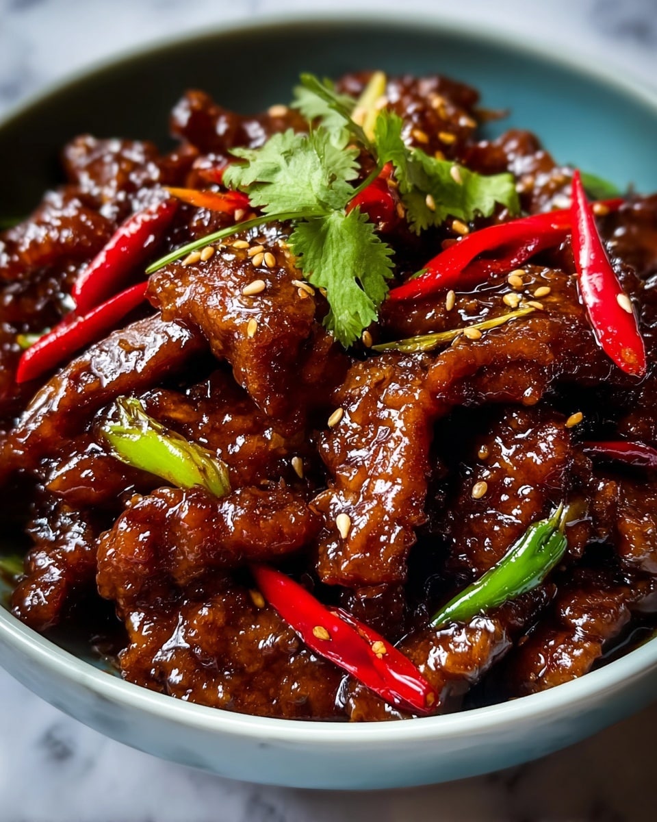 A close-up view of a blue bowl filled with pieces of glossy, dark brown meat coated in a thick sauce. The meat is mixed with bright red and green chili peppers scattered evenly throughout. Small white sesame seeds are sprinkled on top, adding texture and contrast. There is a small sprig of fresh green herb for garnish near the bottom. The surface beneath the bowl is a white marbled texture. photo taken with an iphone --ar 4:5 --v 7